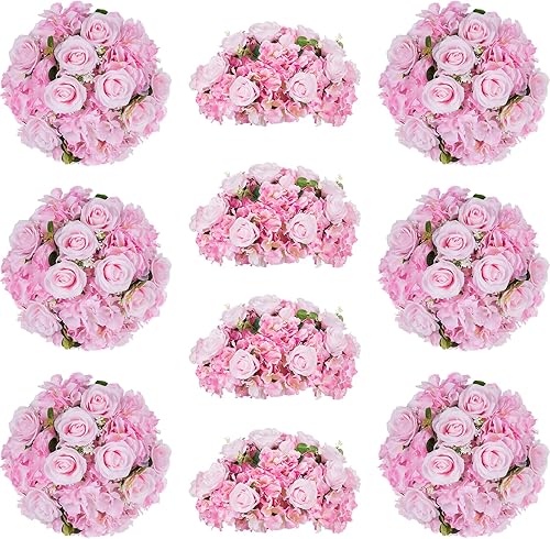 Esferas de flores para centros de mesa, flores de boda, 10 bolas grandes de rosas falsas, flores rosas para mesas de centro, bola floral artificial
