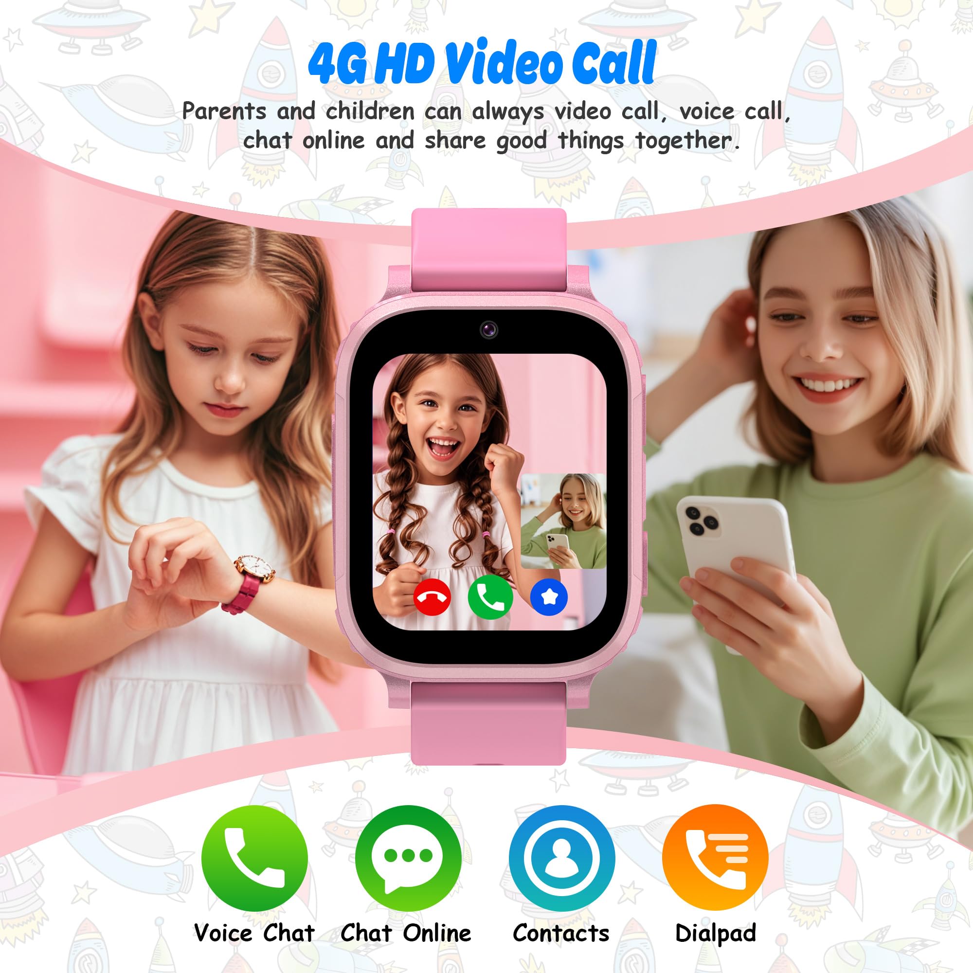 4G Smartwatch Bambini con GPS Videochiamate SOS Regalo Ragazzo Ragazza | posizione in tempo reale, chat familiare, modalità scuola, giochi, sveglia, telefono, sim, ip68, natale e compleanno