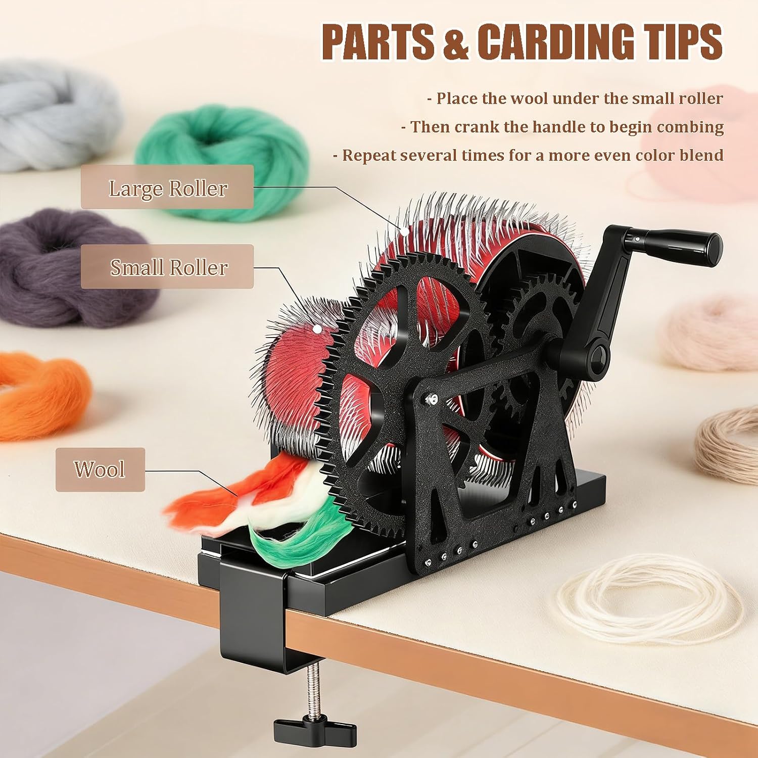 Wool Drum Carder with Brush & Awl | Wool Blending Wheel for Carding & Blending Fibers | Easy-to-Use Portable Design for DIY Crafters White