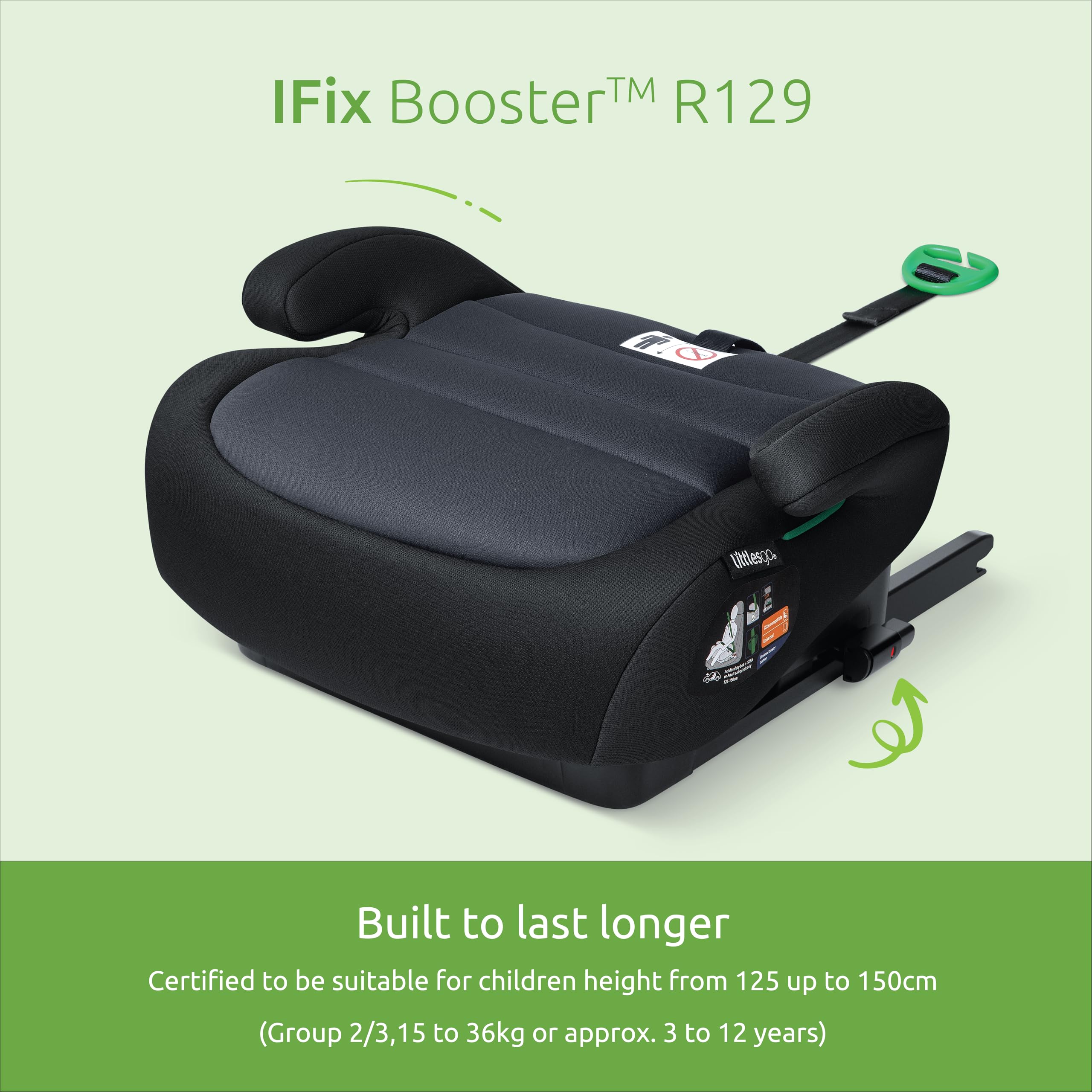 Littlesgo IFix Booster Seat, i-Size ISOFIX Car Seat, for Child from 125-150cm (3-12 Years, Group 2/3), Portable, Triple Foam Layers for Comfortable Travel, ECE R129, Darkgrey - Black, 1 Pack - 2