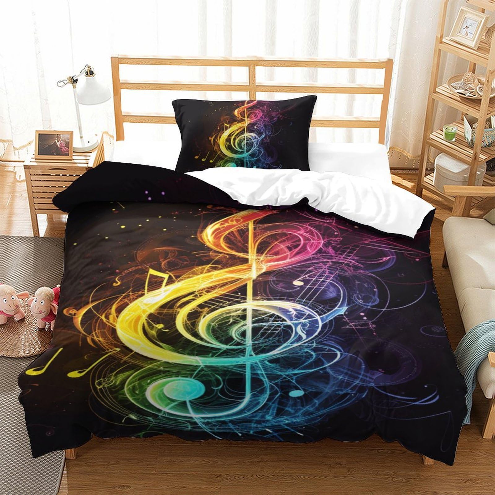 Housse de couette microfibres notes de musique 135x200cm avec taie d'oreiller pour lit single