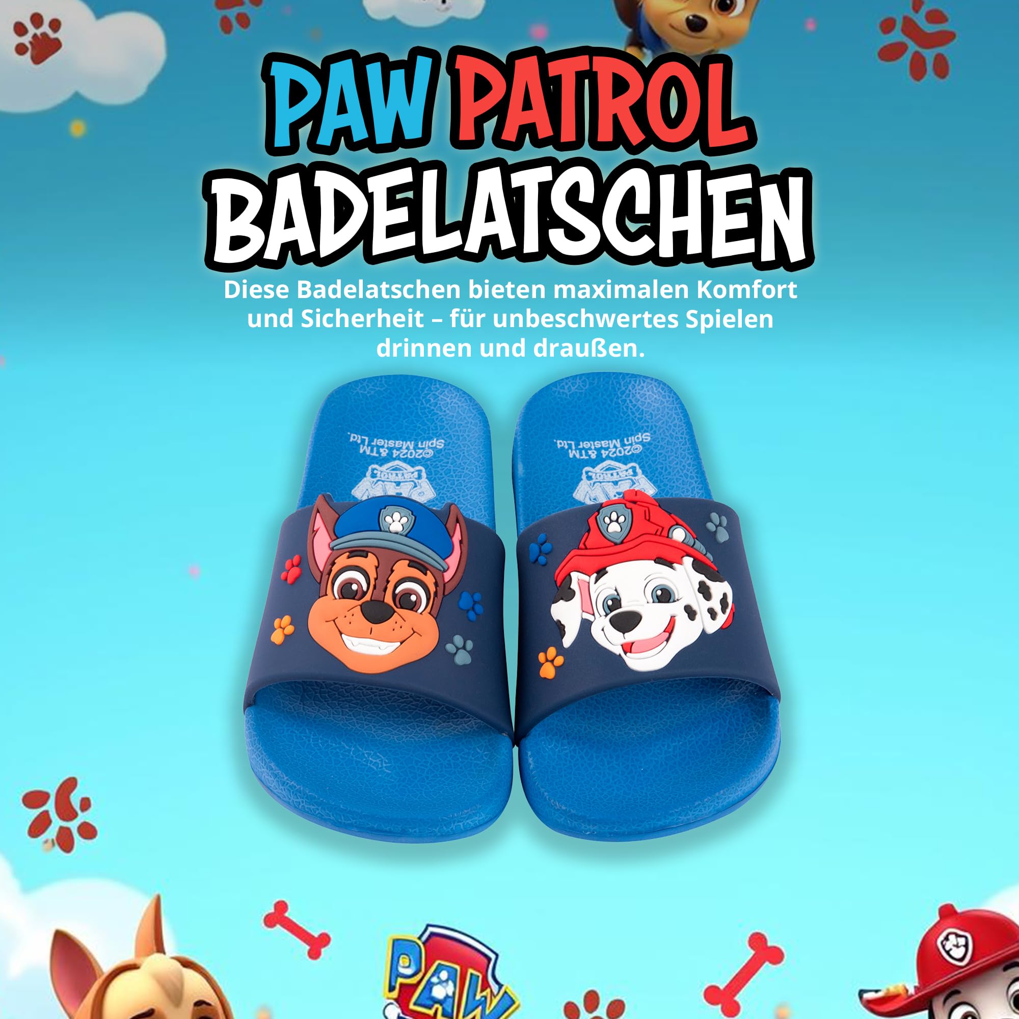 United Labels Paw Patrol Badelatschen für Jungen, Blau, Kinder Badeschlappen rutschfest, Schlappen mit Marshall und Chase, Badesandalen