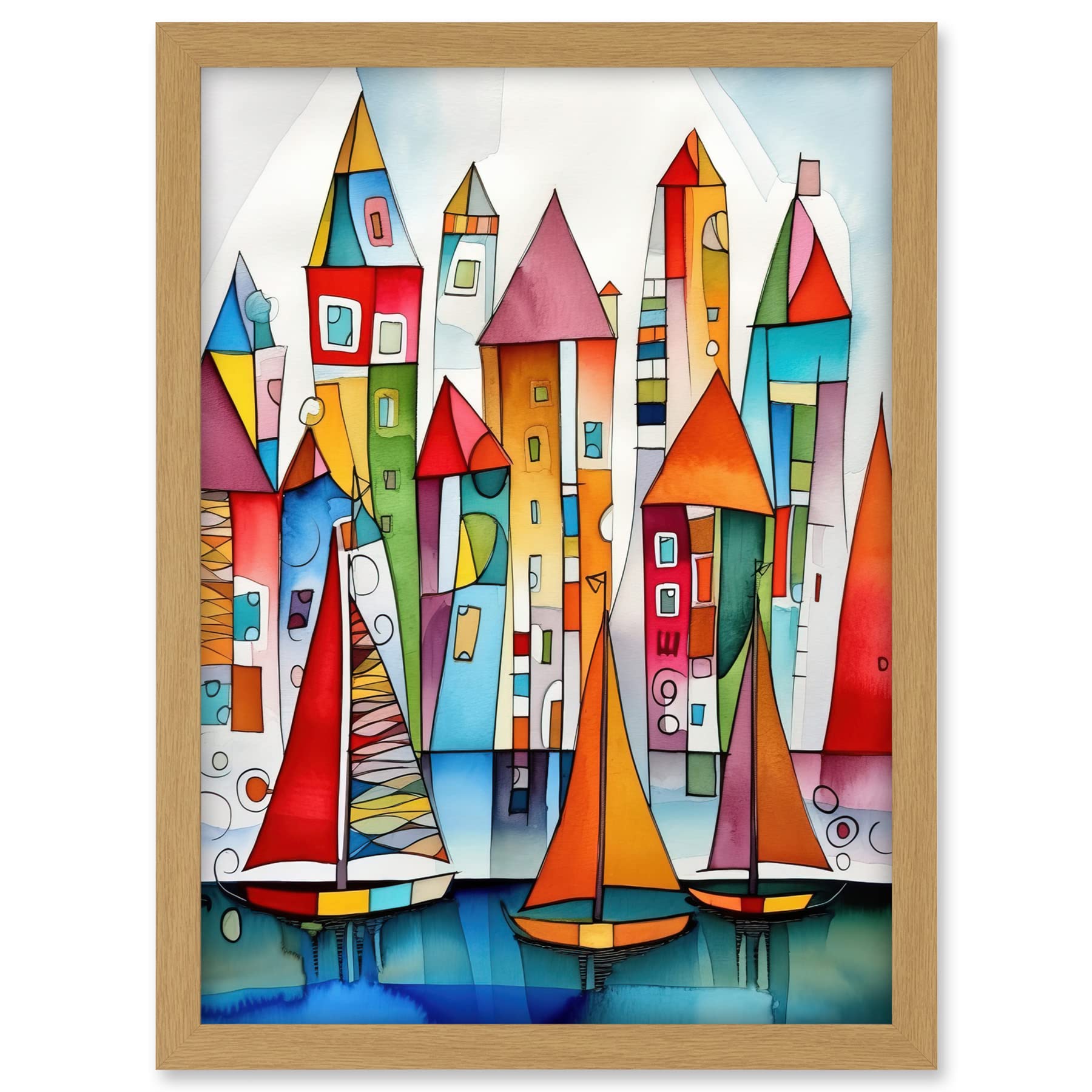Artery8 Modern Marina Colourful Port Folk Art Watercolour Painting Artwork Framed A3 Wall Art Print