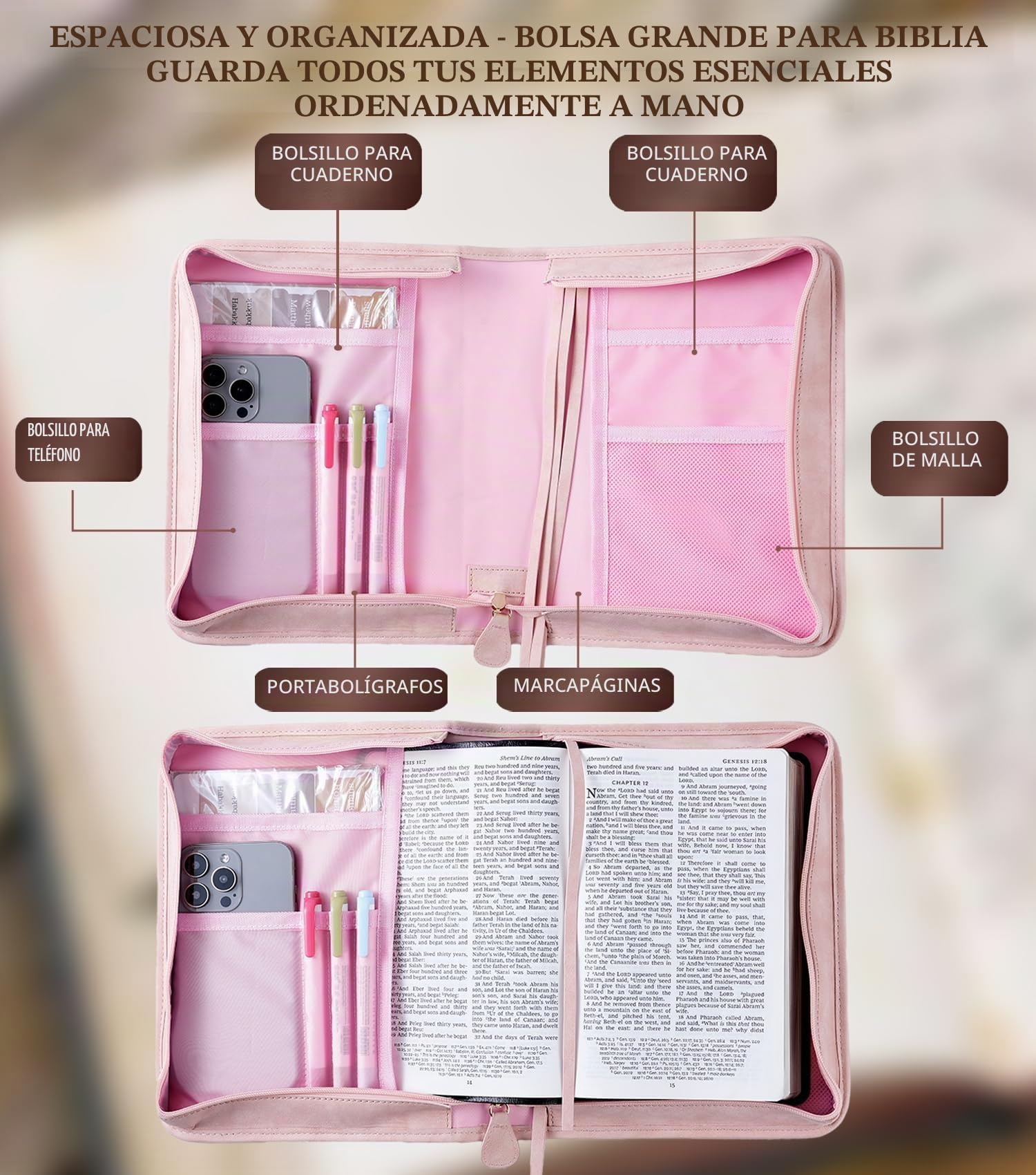 Funda de cuero vegano para la Biblia, bolsa de la Biblia con bolsillo para teléfono, funda de la Biblia para hombres y mujeres, caja de regalo cristiana (rosa)