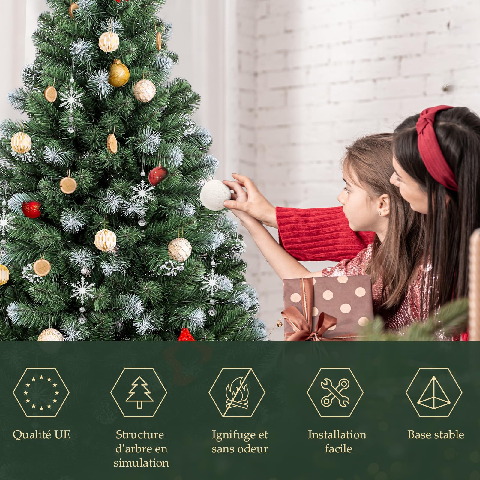 SALCAR Sapin de Noël Artificiel 210 cm, Robuste avec Tronc en Métal, Branches en PVC Décorées de Neige, Résistant et Durable