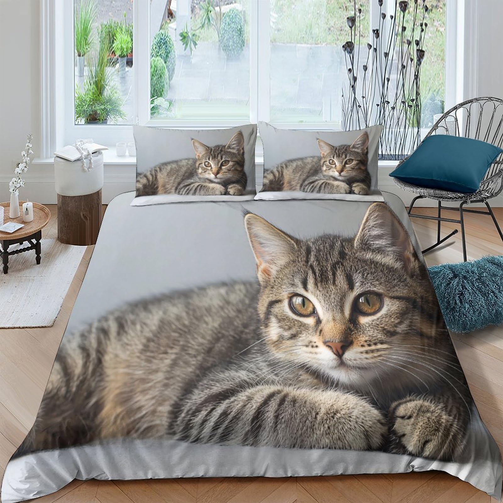 Ctjqhvkz Style-3 3D Printed Tabby Cat Fitted Sheet Microfiber Soft Grey Cat Pattern Mattress Cover For Bedroom Guest Room Easy Care Single（135X200cm）