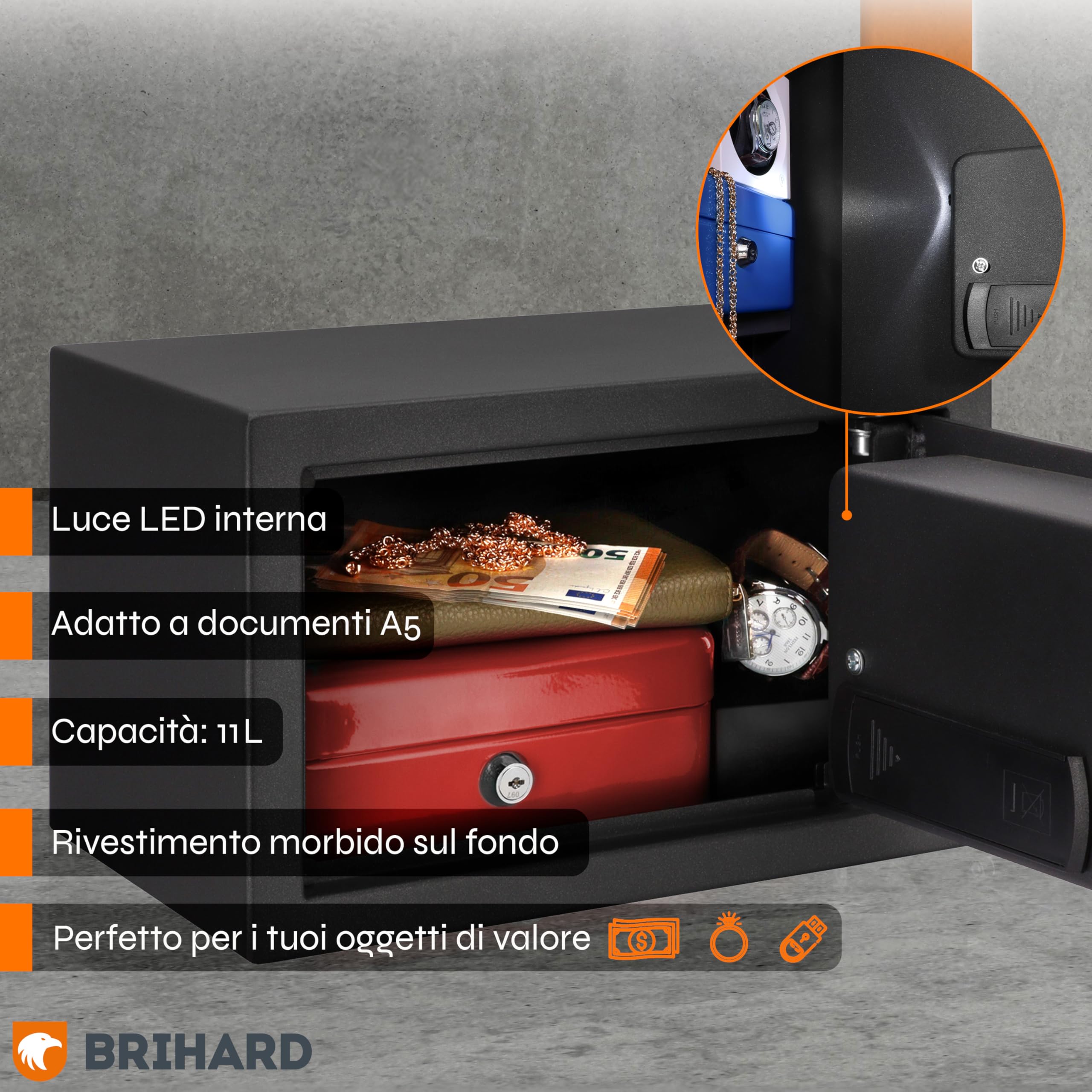 Home Cassaforte Elettronica Compatta 11L – Cassaforte Piccola 20x31x20 cm con Tastierino Digitale e Schermo LED – Cassetta di Sicurezza per Contanti e Gioielli
