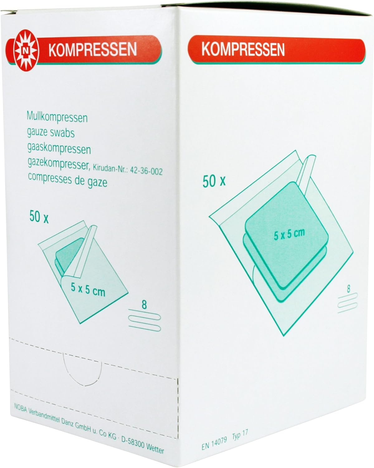 NOBAMED Compresas de gasa estériles de 8 capas, 50 x 2 unidades, tamaño: 5 x 5 cm.