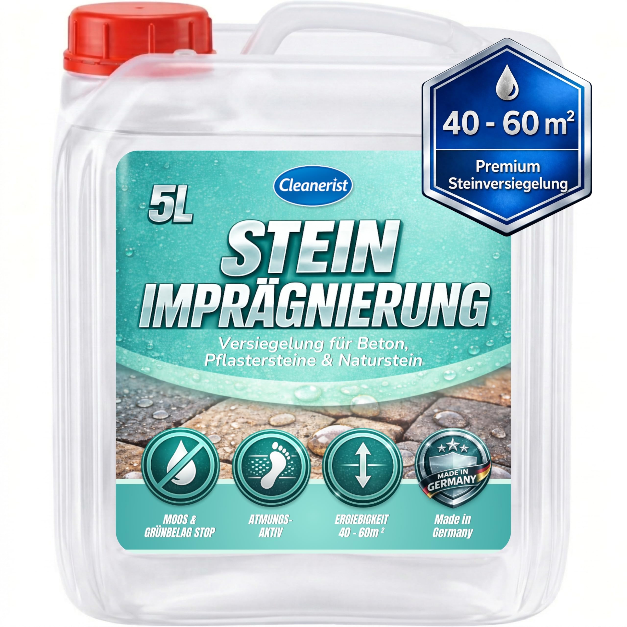 Cleanerist | 5L Steinimprägnierung Versiegelung für Pflastersteine Beton & Naturstein – Wasserabweisender Schutz gegen Moos Grünbelag Atmungsaktiver Abperleffekt Terrassen Fassaden Profi Qualität