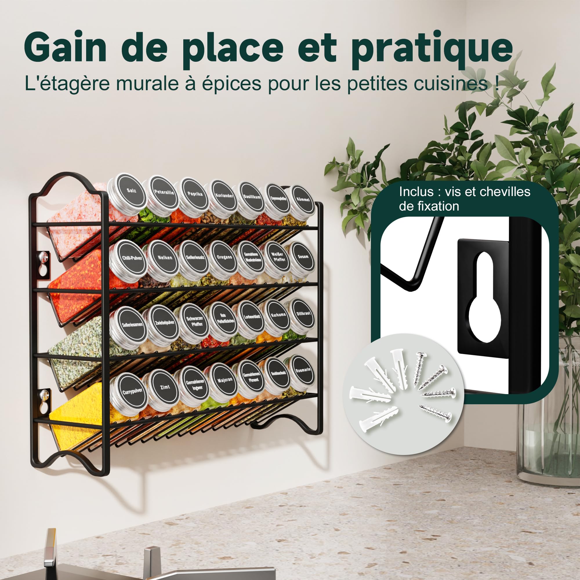 Étagère à Épices avec 28 Pots en Verre & 120 Étiquettes - Organisateur de Cuisine Mural ou Posable - Système de Rangement Épices Français (Noir)