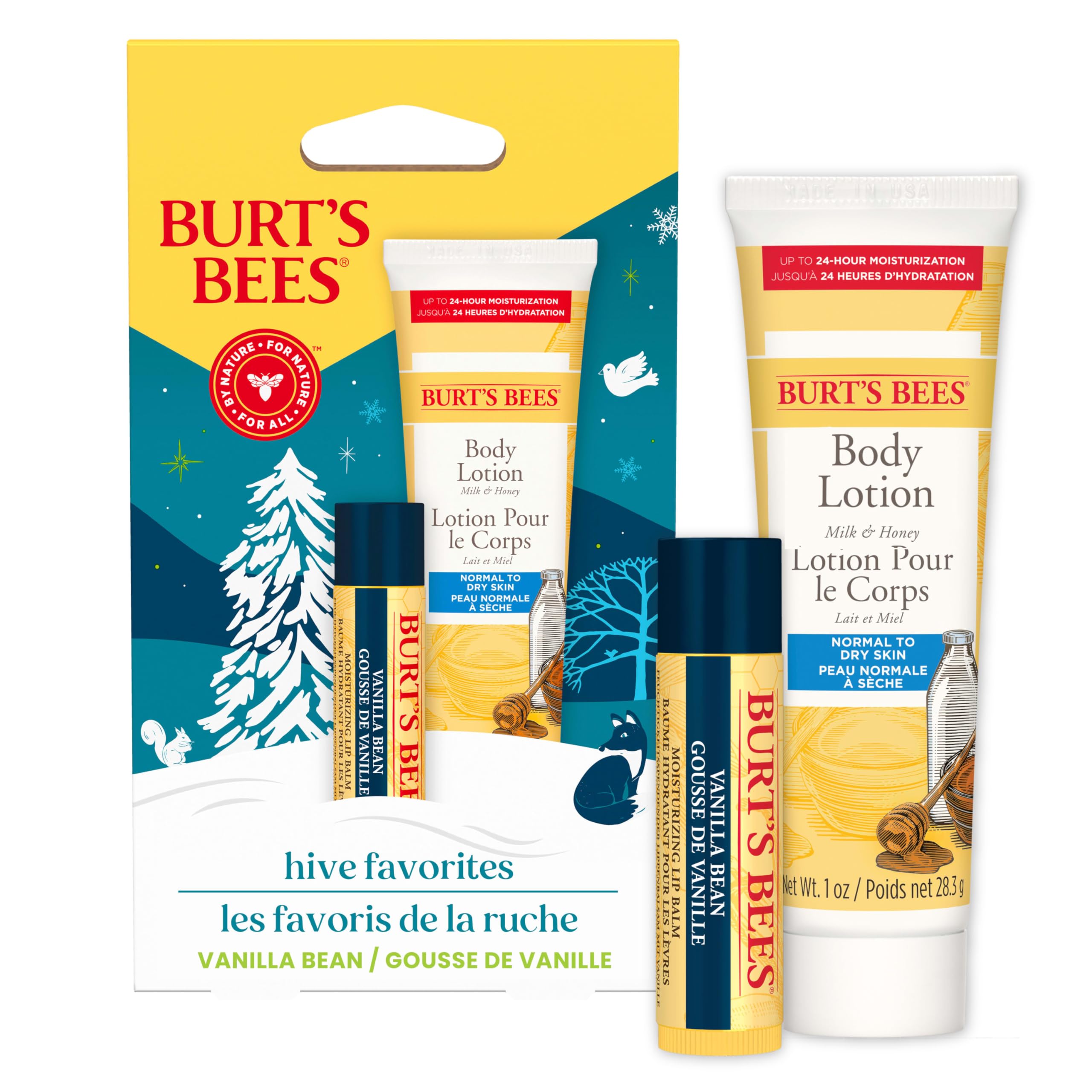 Burt's Bees Hive Favorites Gift Set, Vanilla Bean Lip Balm and Milk and Honey Body Lotion, Natural Origin Skin Care and Lip Care, 0.15 oz./1 oz.