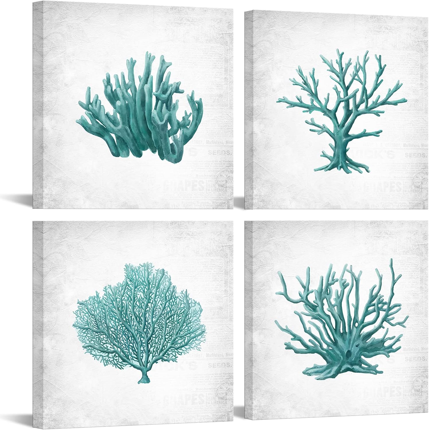 Apicoture Coral Canvas Wall Art for Bathroom Decor - Set of 4 Teal Coral Wall Decor Panels, Modern Artwork for Bedroom or Office, 12x12 Inch Each