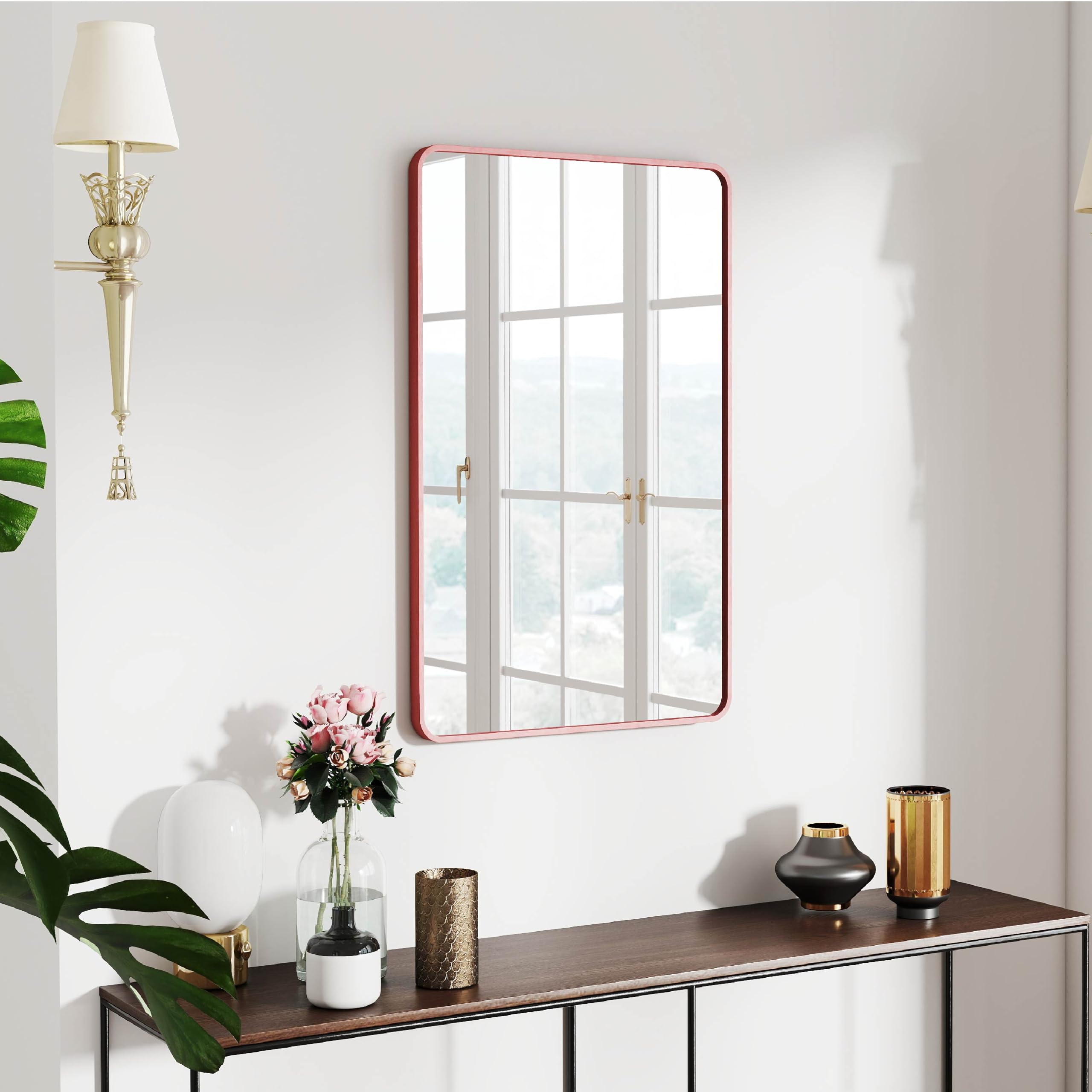 SCWF-GZ 30x20 Mirror Rectangle Wall Mounted Aluminum Metal Frame Square Mirrors for Entryway Girl Bedroom Bathroom Living Room 30 20 inch Pink Rose