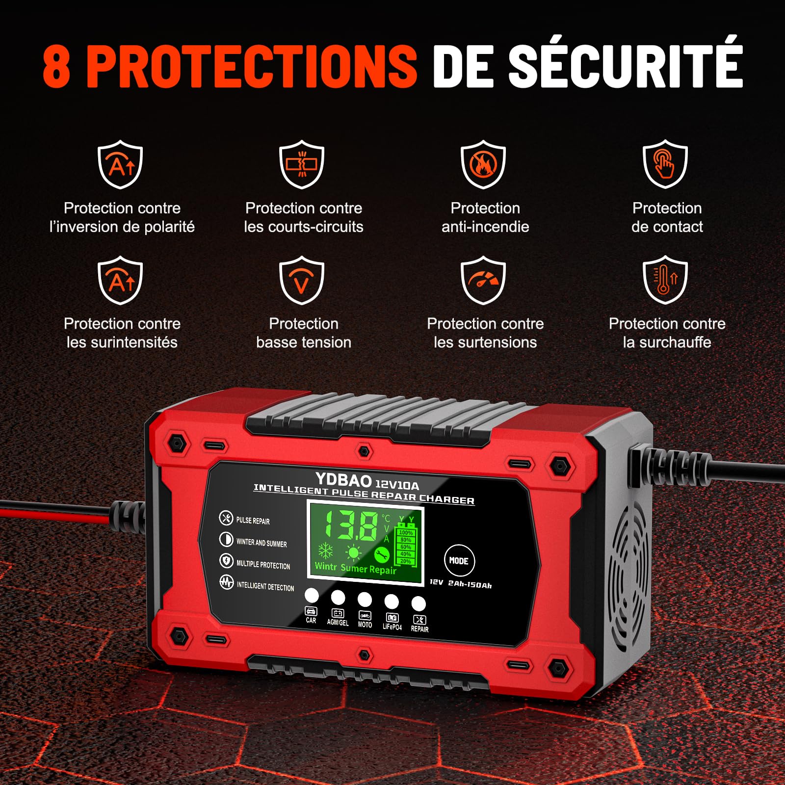 YDBAO Chargeur Batterie Voitures 10A 12V LiFePO4 Chargeur de Batterie Moto Auto Intelligent avec Réparation Écran LCD Mode Protection pour Voiture Moto Camion AGM Gel Wet SLA LiFePO4