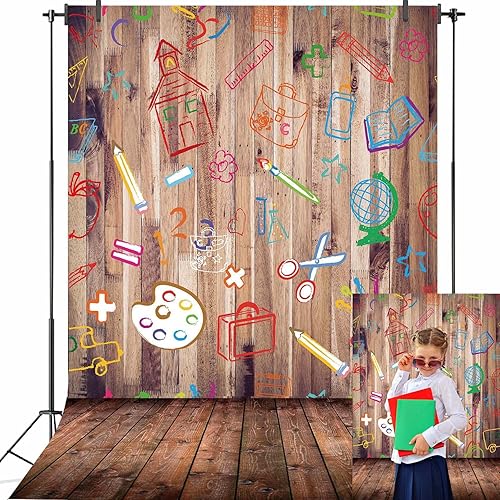 Telón de fondo para fotografía de regreso a clases 2025 de 5 x 7 pies, lápices pintados a mano, libros de casa sobre fondo de piso de madera retro