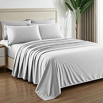 Mayfair Linen 100% Pure Egyptian Cotton Sheet Queen Size - Luxury 1000 Series Grandiose Collection Queen Size Sheets 6 PC, Silver, 16" Deep Pocket Sateen Weave Soft Cooling Hotel Bed Sheets Set