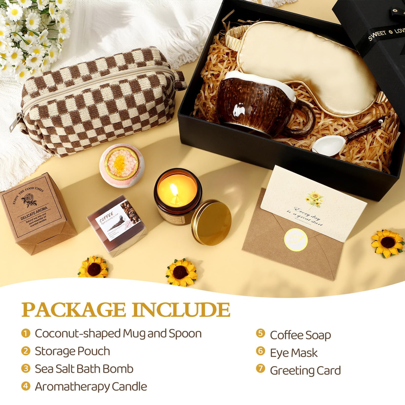 TUZT Geschenke für Frauen Entspannung Geburtstagsgeschenk Set, Keramik Tasse & Kosmetik Tasche & Duftkerze & Badesalz, Wellness Geschenk für Freundi Mama Muttertag Weihnachtstag Geburtstag Geschenkset