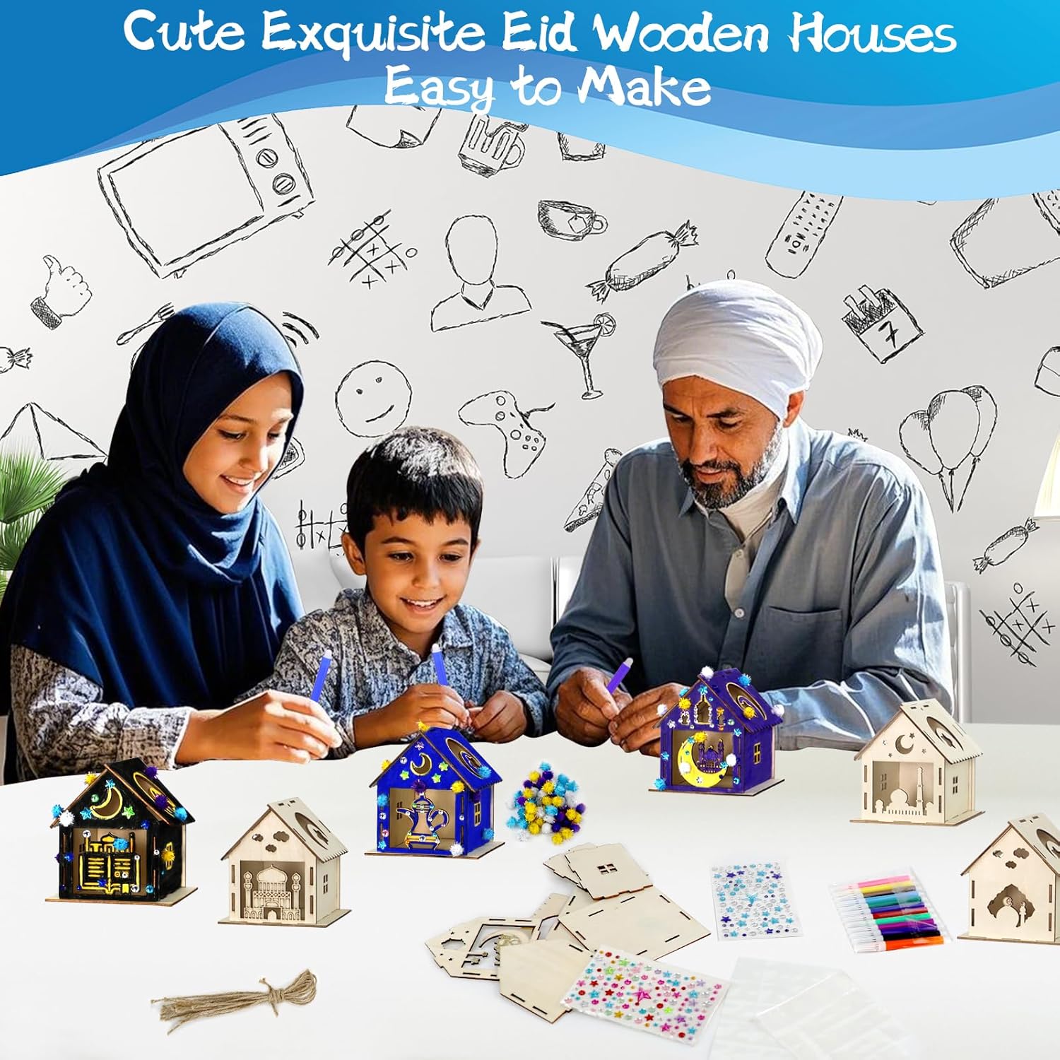 9PCS Ramadan Crafts Wooden House with 24 Paint Pens, Ramadan Activities for Boys and Girls Aged 3-12, Islamic DIY Ramadan Goodies for Eid Mubarak Gifts Favors Party Supplies Bulk Decorations - Image 4