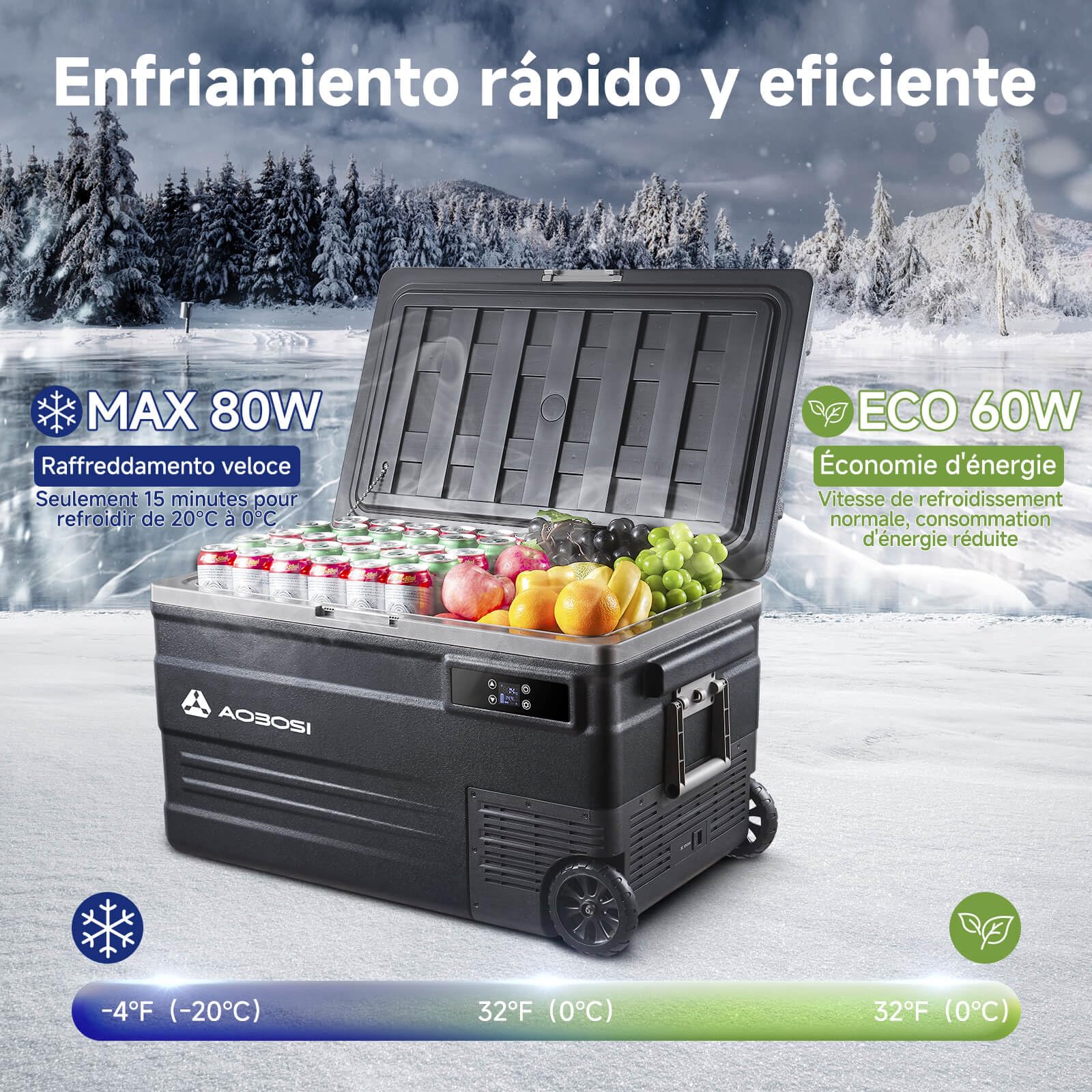 AAOBOSI Nevera Portátil 74L con Compresor, -20℃ a 20℃, 12V/24V DC y 100-240V AC, APP, Nevera 12V Compresor para Coche, Camping, Viajes, Barco, Autocaravana y Hogar