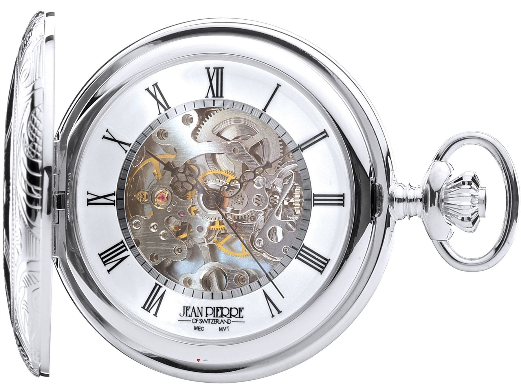 I LUV LTD Half Hunter Pocket Watch Sterling Silver Skeleton 17 Jewel Mechanical Movement