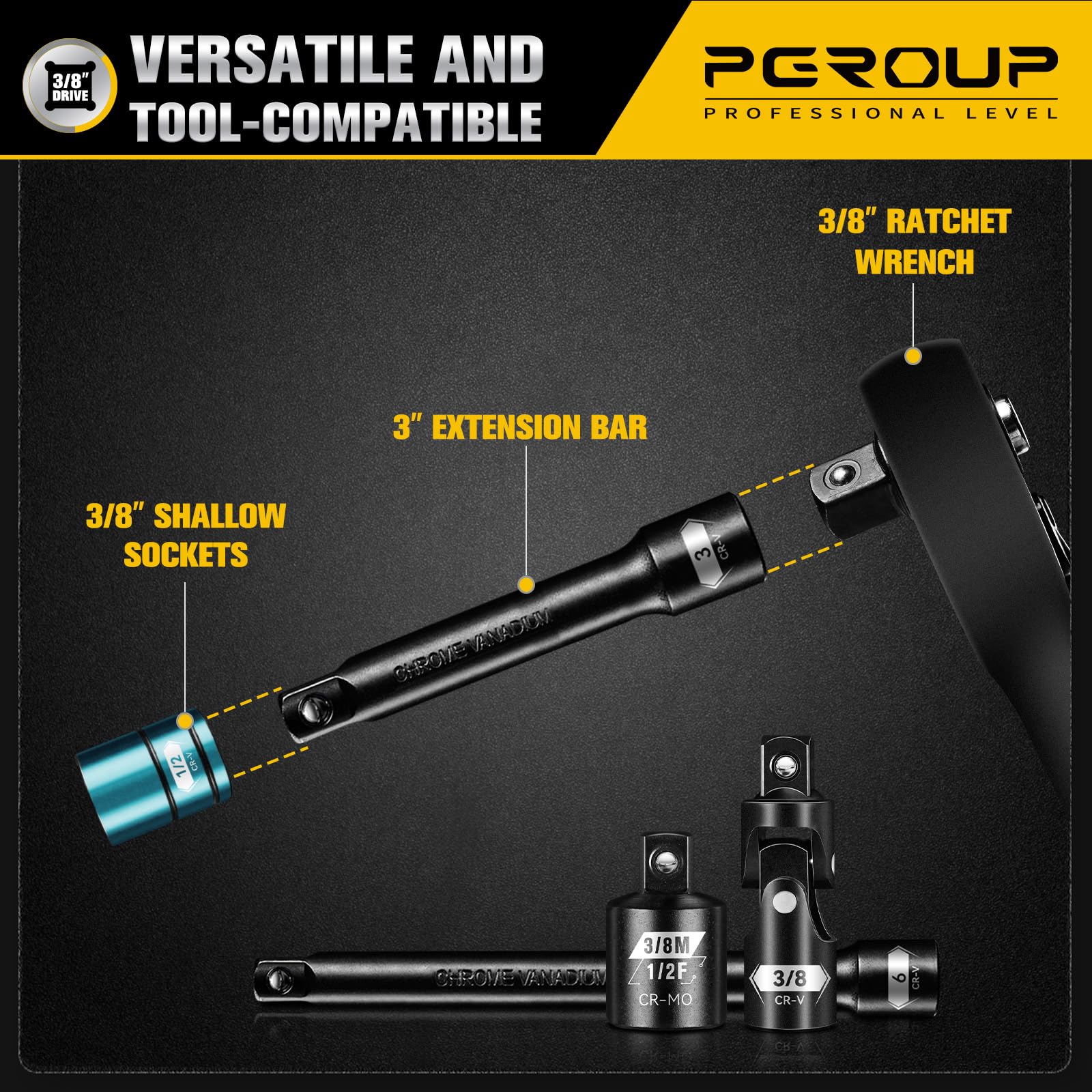Set di chiavi a bussola a percussione, 6 punti, SAE (1/4"-13/16") e metriche (8 mm-22 mm), profonde e poco profonde, deposizione elettroforetica, CR-V, include chiave a cricchetto, barre di