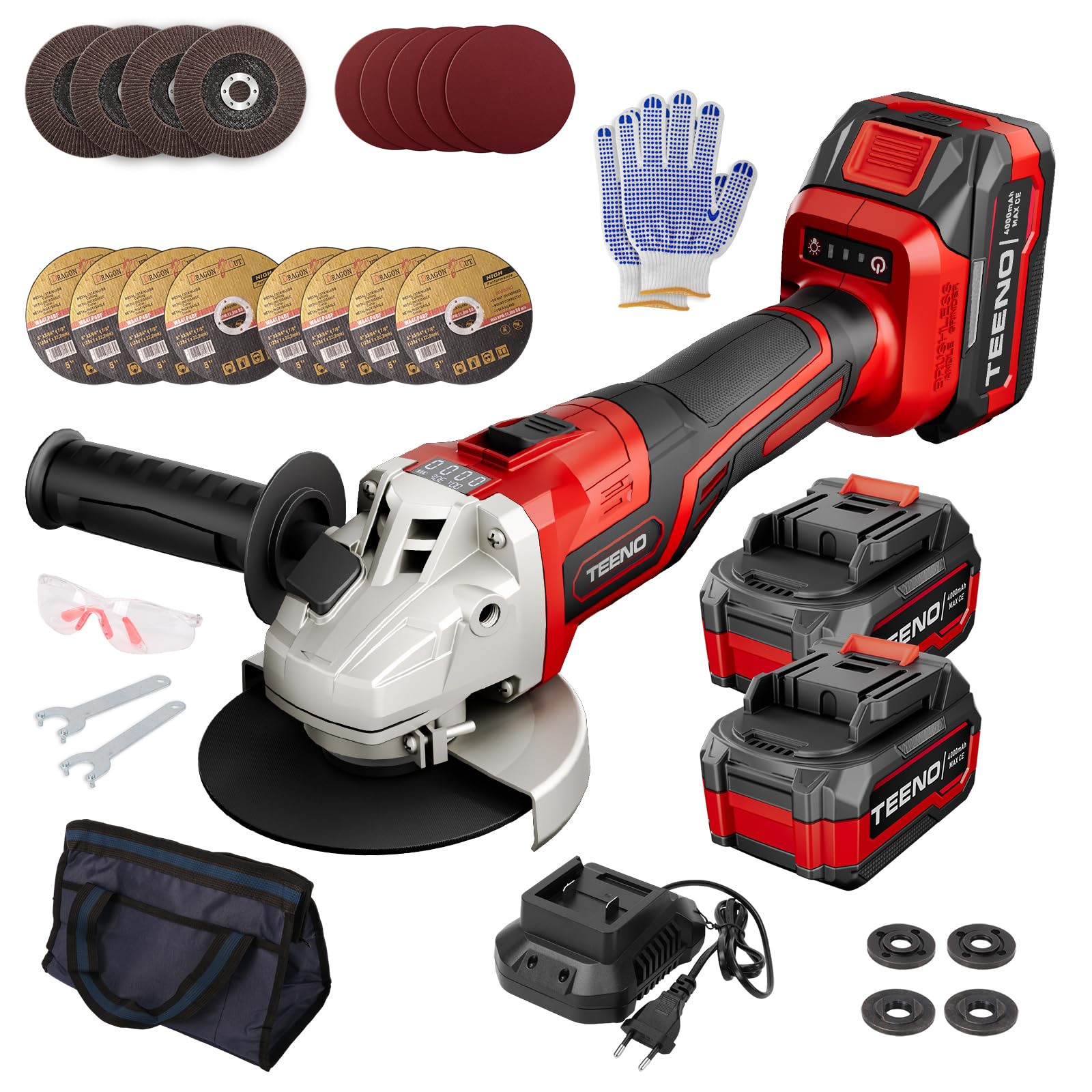 TEENO-Smerigliatrice angolare wireless brushless 21V 1000W 9100giri/min | disco taglio 125mm+disco dentato-adatta metallo legno lana roccia-ideale smerigliatrice a batteria