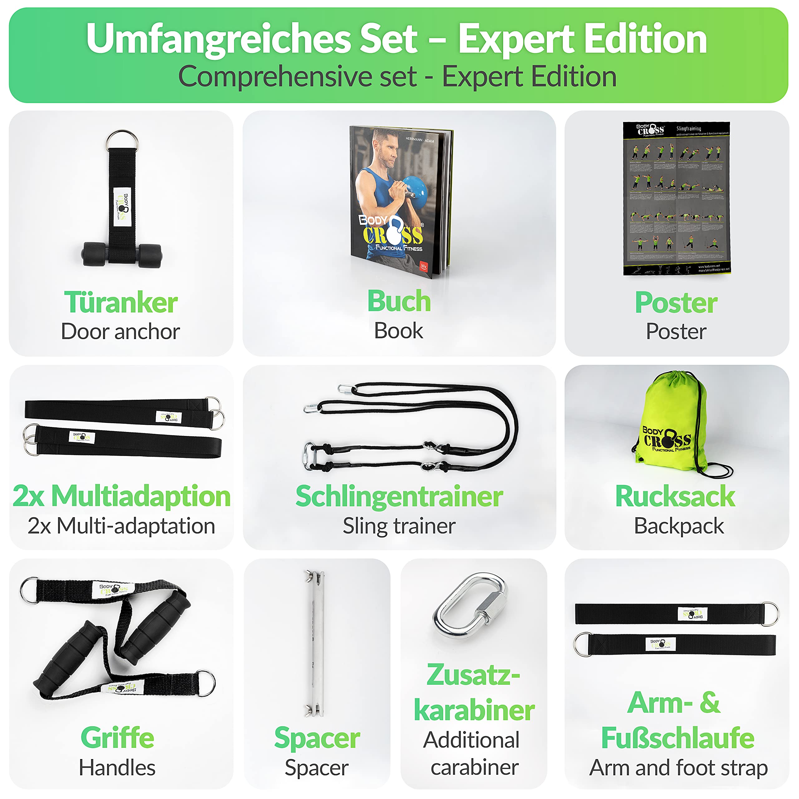 PREMIUM Schlingentrainer, Made in Germany, geprüft & zertifiziert, Slingtrainer Krafttraining Set für zuhause und außen mit Türanker, Poster, Trainingsplan, Befestigungsschlaufe, 10 Jahre Garantie