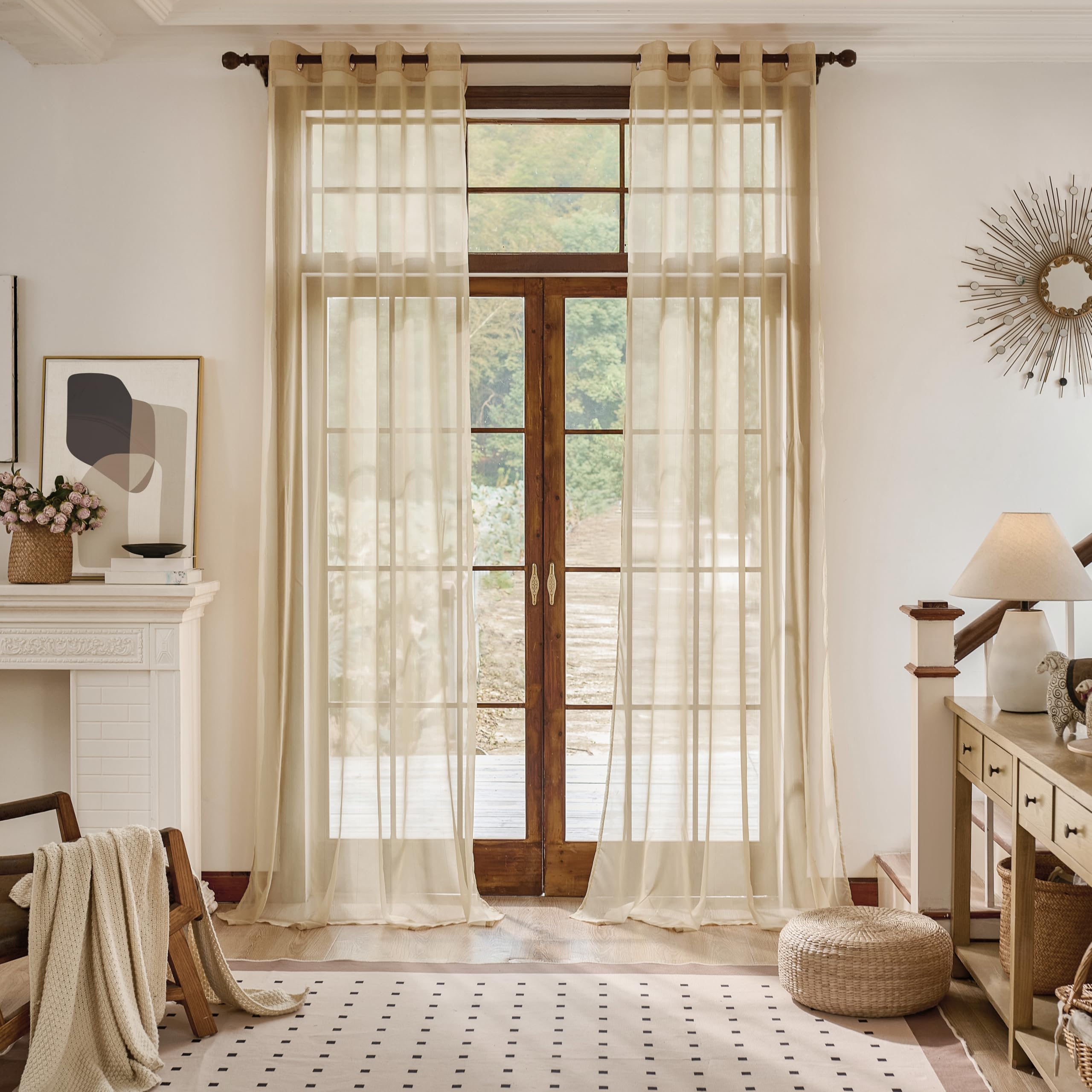 MISSTIAM Foil Stripe Taupe Sheer Curtains 108 inches Length 2 Panels with Grommets 52 inches Widith, Semi Transparant Curtains for Living Room and