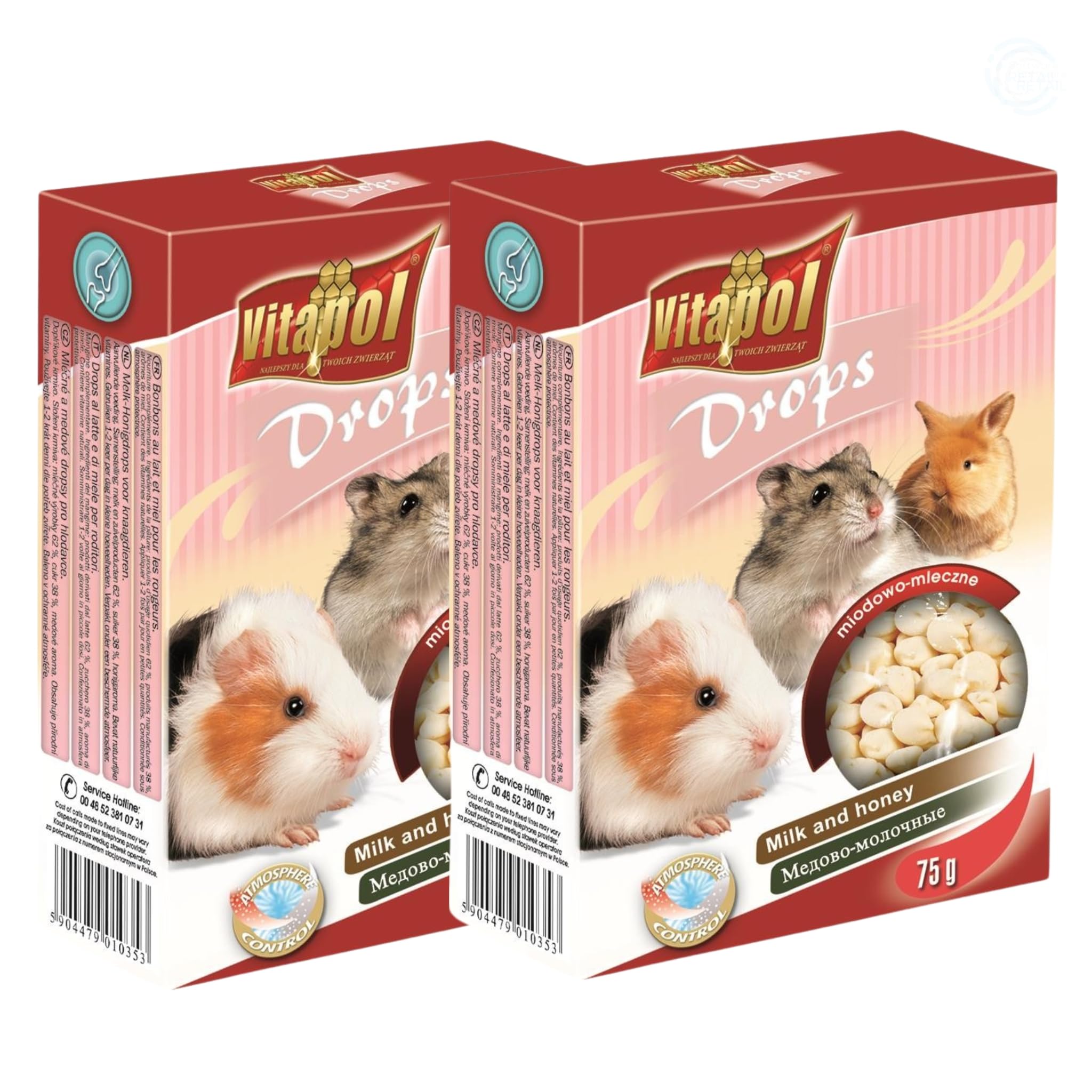 Vitapol Drops Small Pet Treat for Rodents & Rabbits – High-Fibre Complementary Snacks with Vitamins & Minerals – Supports Teeth Health – Carrot, Honey, Yoghurt & More Flavours (Milk-Honey, 4x 75g)