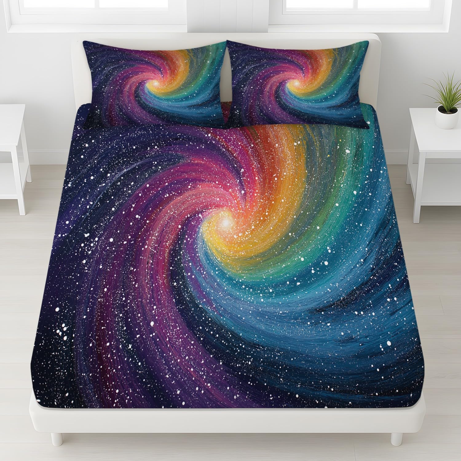 Lenzuolo con angoli per letto matrimoniale, stampa astratta psichedelica, facile da pulire, lenzuolo con angoli Dreamy Fantasy con federa, tasca profonda 30 cm, resistente allo sbiadimento, motivo