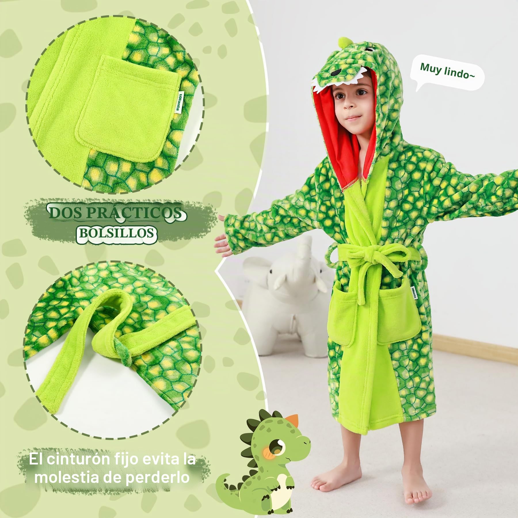 LOLANTA Albornoz Niños con Capucha de Dinosaurio, Bata Suave de Felpa con Bolsillos, Ropa de Dormir para Niños de 2 a 8 Años