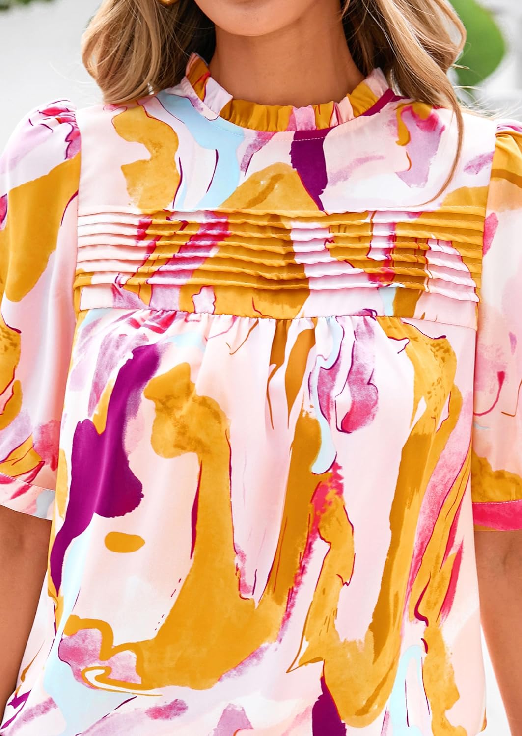 PRETTYGARDEN Floral Tops for Women Blouses Dressy Casual 2026 Summer Trendy Outfits Boho Pleated Short Sleeve Shirts - Image 5