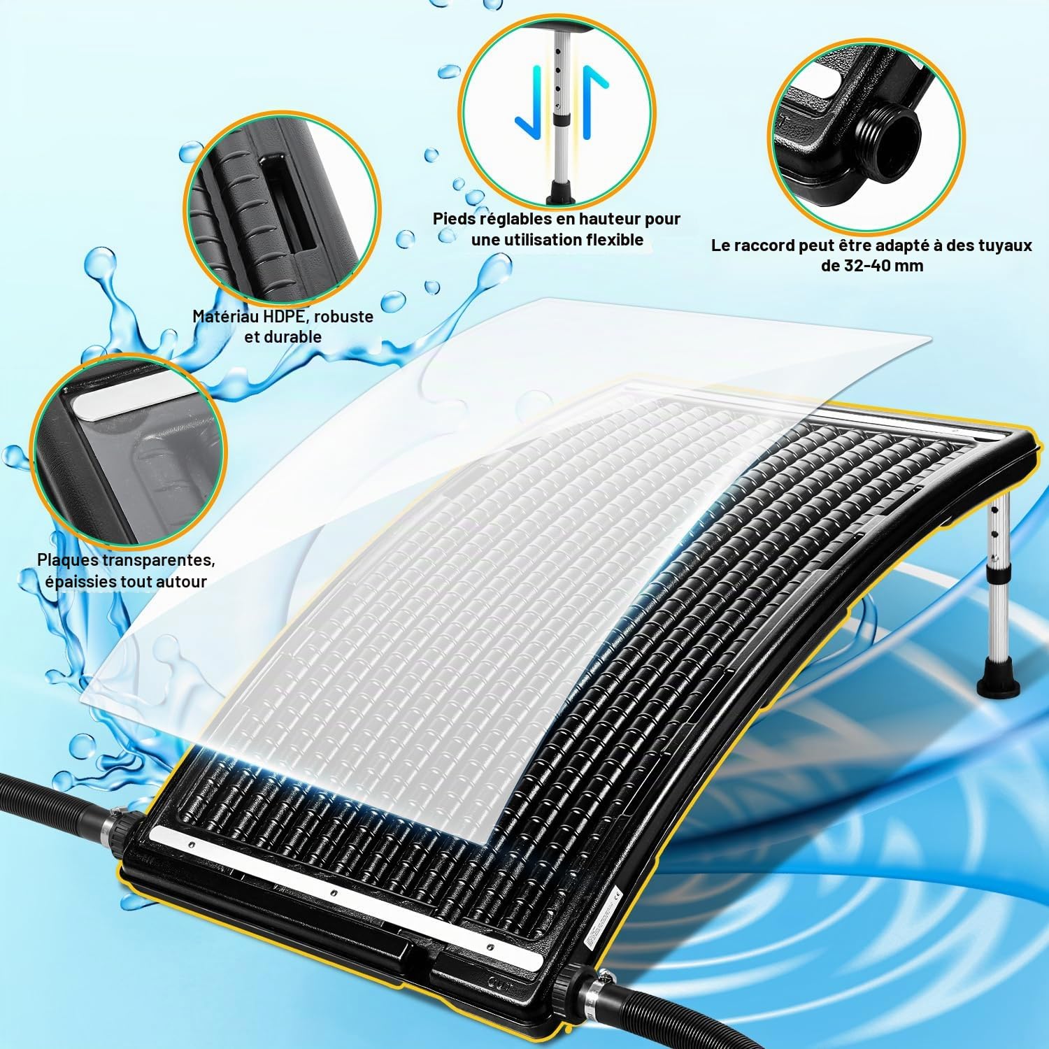 Chauffage solaire pour piscine x 1, chauffage solaire pour piscine collecteur solaire 110 x 65 x 35 cm, chauffe-piscine solaire réglable en hauteur pour piscines jusqu'à 10 000 L/H
