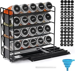 Winter Shore Spice Jars with Labels & Cabinet Spice Rack [20 Pieces 120 ml Each] - Glass Spice Jars Set with Lid, Strainer, Shaker, Funnel, Stickers & Extendable Kitchen Organiser - BPA Free