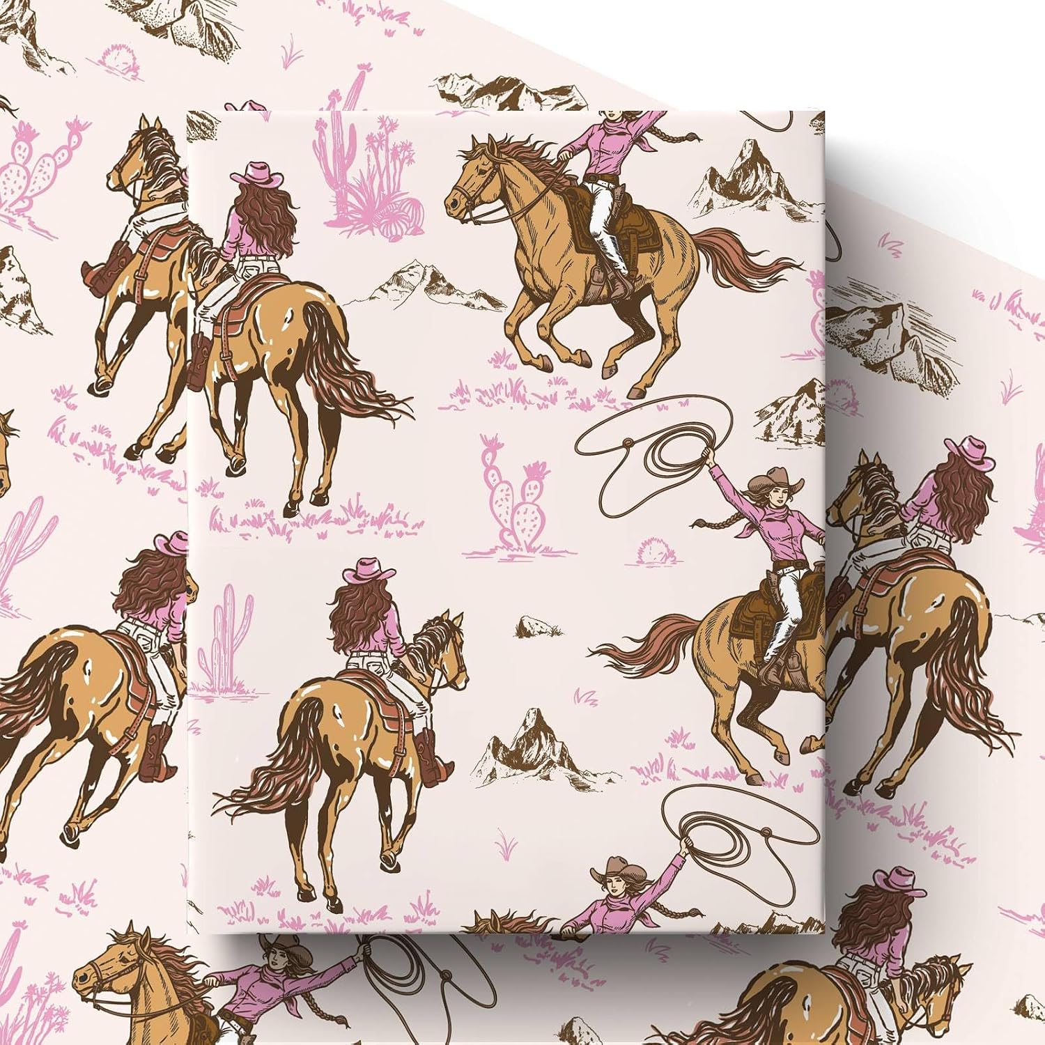 Liobelon Cowgirl Wrapping Paper Roll - 17 Inch x 16.5 Feet - Pink Western Themed Wrapping Paper Country Cowgirl Party Favors for Birthday Christmas Baby Shower Decor Girls Women Supplies