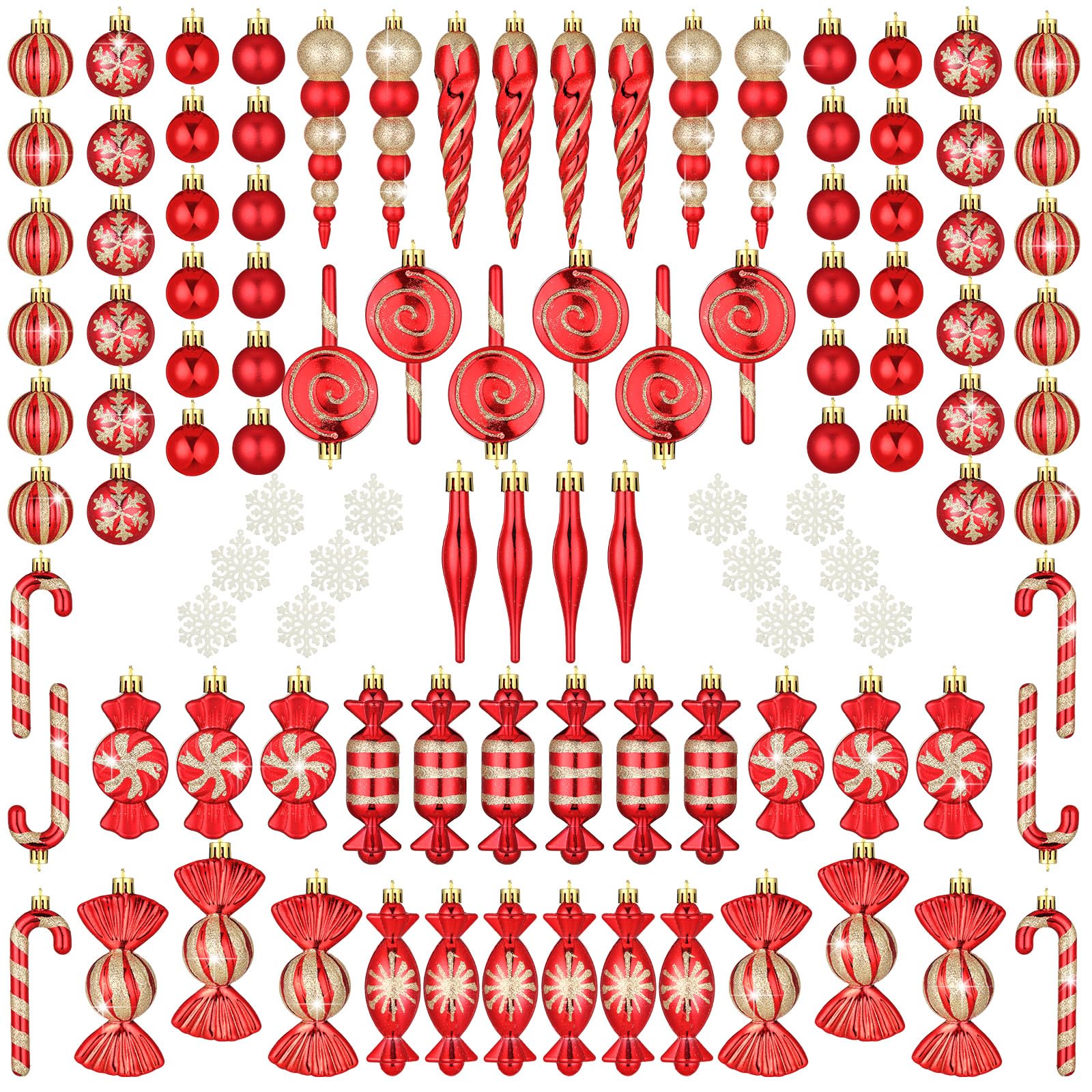 Sapin de Noël : lot de 120 boules rouge et doré avec flocons de neige