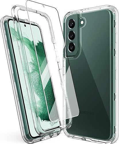 KIOMY Funda transparente a prueba de golpes para Samsung Galaxy S22 Plus 5G con 2 paquetes de protectores de pantalla de vidrio templado, 3 capas en
