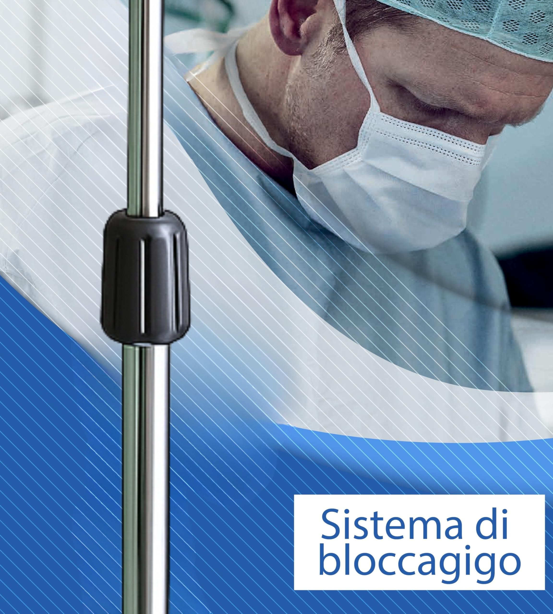 App Life Asta Porta Flebo in Acciaio Inox Dispositivo Medico di Classe I con 4 ganci in plastica e ruote piroettanti con freno