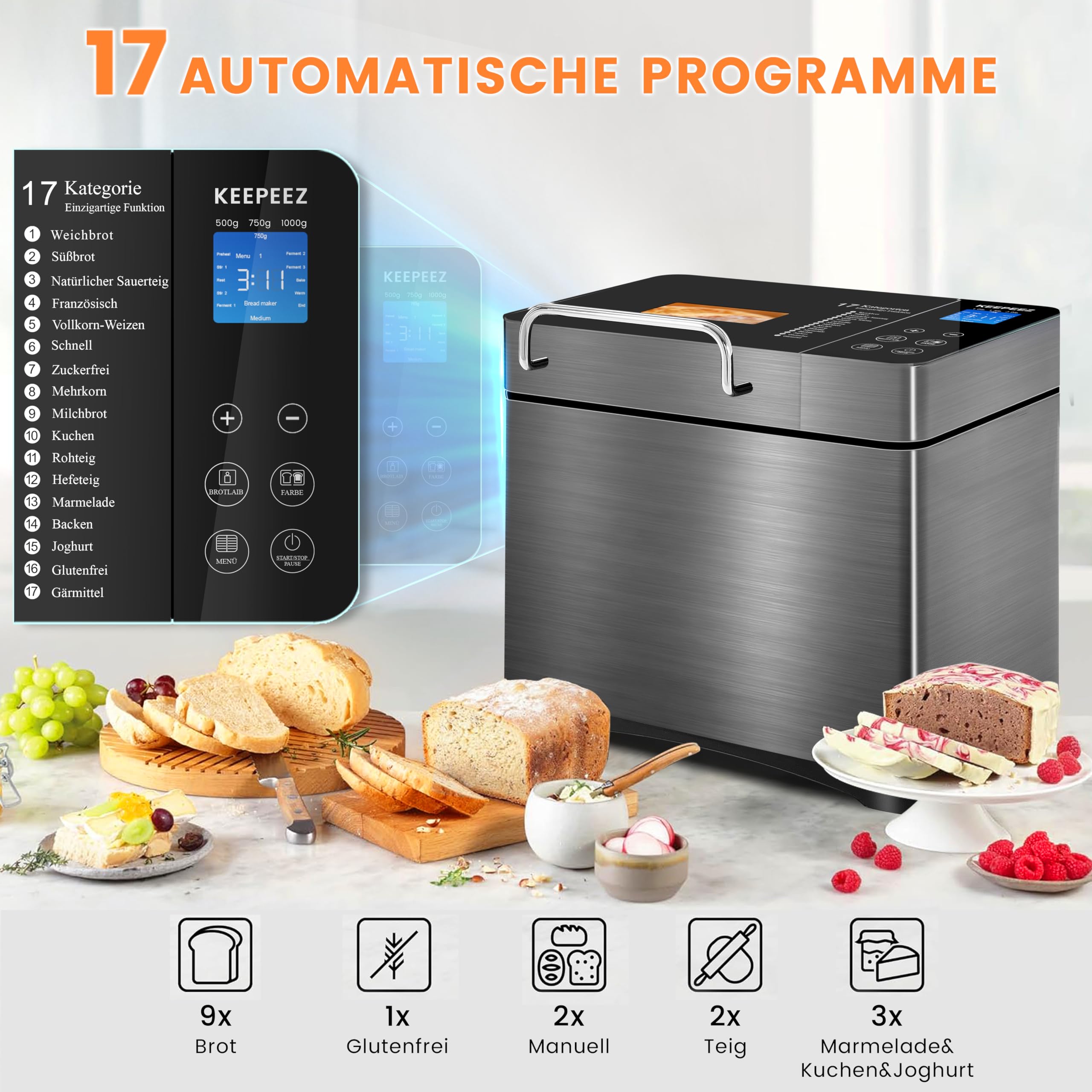 Macchina per il pane di alta qualità in acciaio inox con stampo sano in ceramica, touch screen intelligente e doppi sensori di temperatura, 17 programmi automatici, distributore automatico di