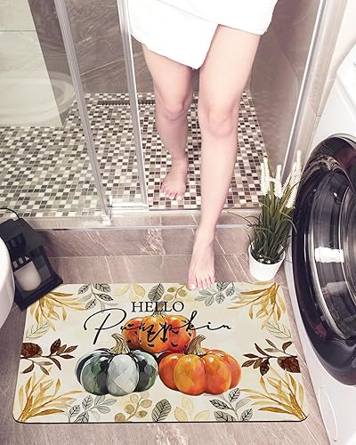 Bath Mat Non Slip Thanksgiving Hello Pumpkins Quick Dry Bath Mat Indoor, Bathroom Floor Mat Rug for Bathtub,Shower, Farmhouse Maple Leaf 32x20In