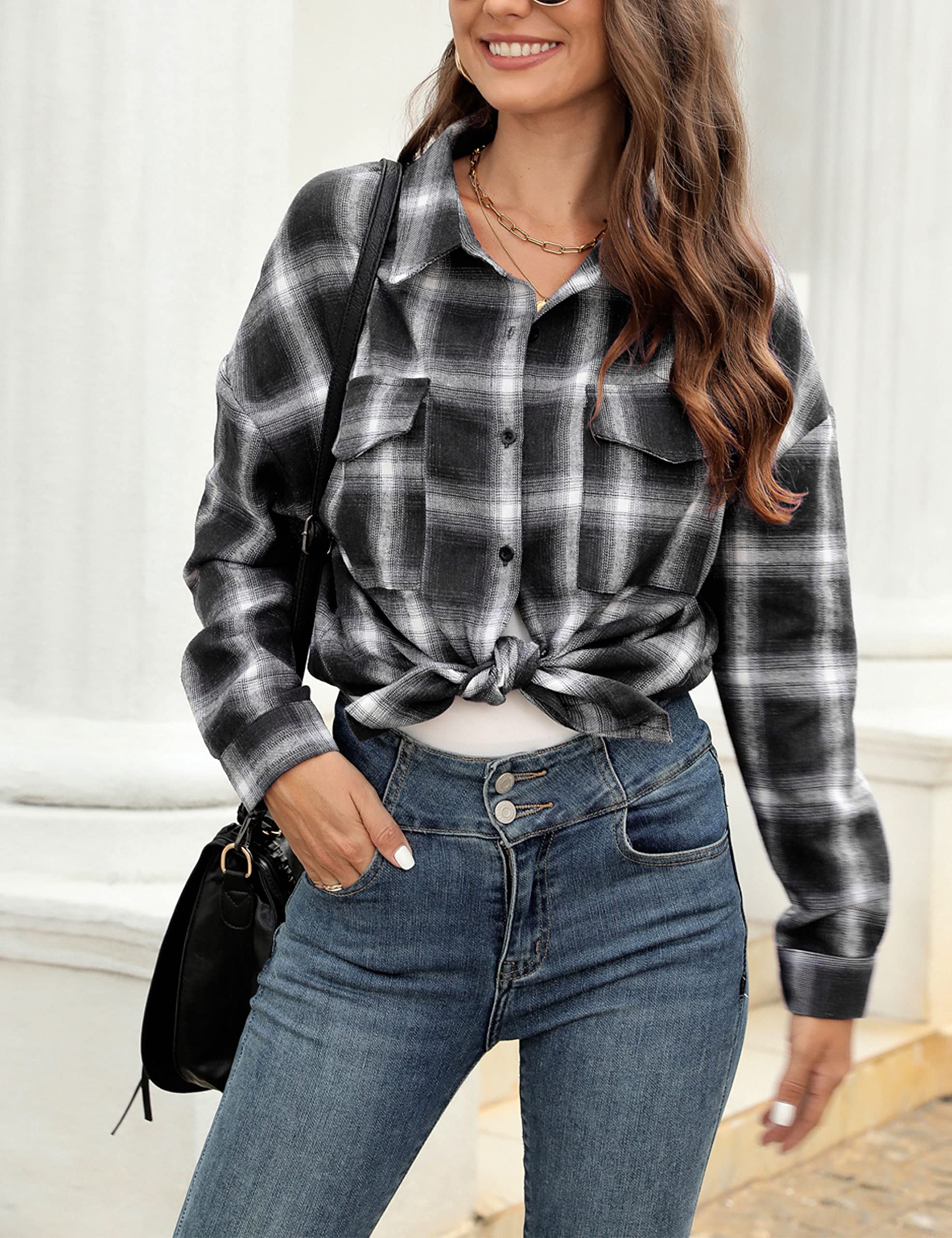 Zontroldy Camisa de franela a cuadros para mujer, de gran tamaño, ligera, con botones