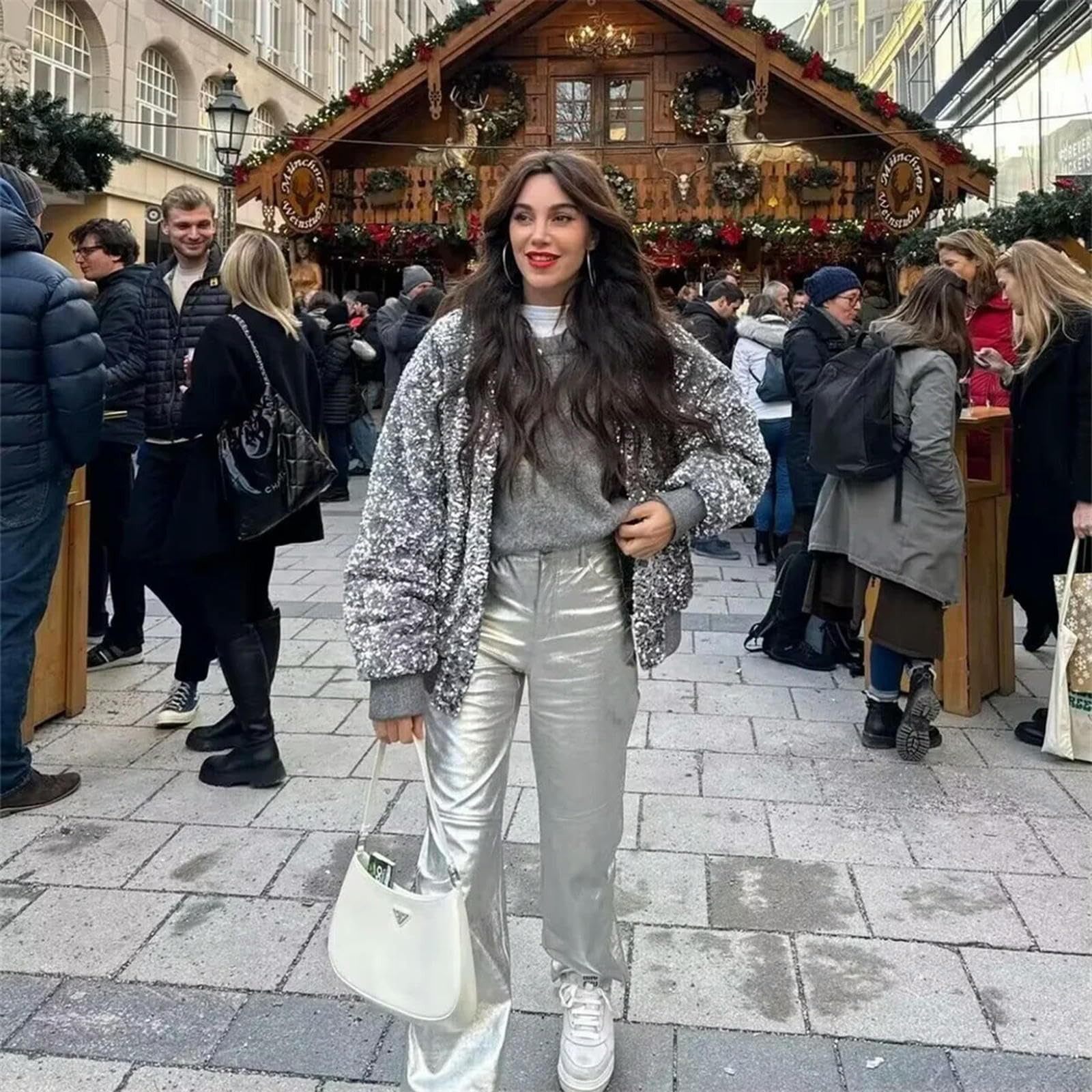 Cappotto da Giacca con Decorazione Versatile con Perline sciolte, Nuova Moda Primavera/Estate da Donna-Grigio Argento-S