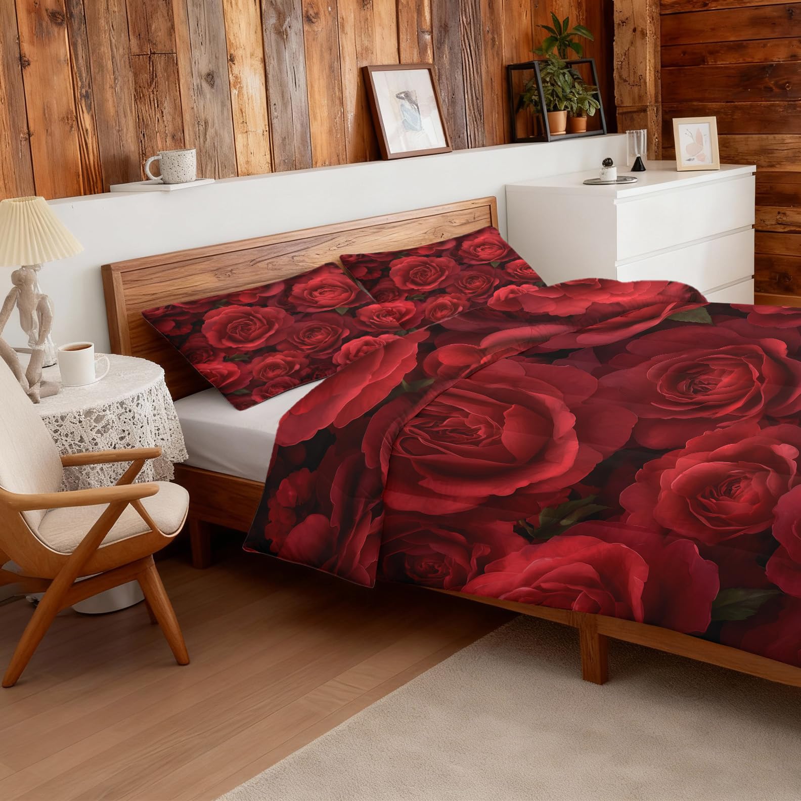 Generisch Bettdecke 155x220 Blumen Rot - 4 Jahreszeiten, Vintage 3D Rosen Blumenmuster Steppdecke & 1 Kissenbezug 80x80 - Schlafzimmer Deko, Weiche Mikrofaser Ganzjahresdecke Ohne Bezug #m350