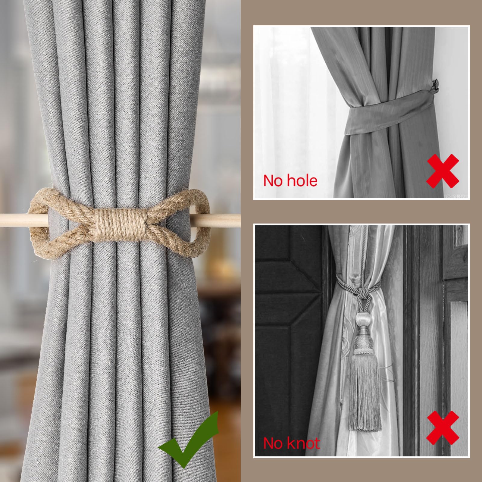 Pretty Jolly 2 Pack Natural Jute Rope Curtain Tiebacks Boho Rustic Style Decorative Drape Tie Backs Farmhouse Hand-Woven Curtain Holdbacks with Wood Club for Home & Office Drapery (Jute rope) - Image 2