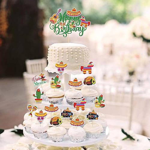 Miniatura 6 de Paquete de 41 decoraciones para tartas de fiesta de cumpleaños con guitarra, cactus y burro, palillos de pimienta para fiesta mexicana, temática de