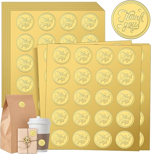 Seajan 500 calcomanías en relieve de oro con texto en relieve vintage para sobres, autoadhesivas, papel de aluminio redondo, suministros de tarjetas