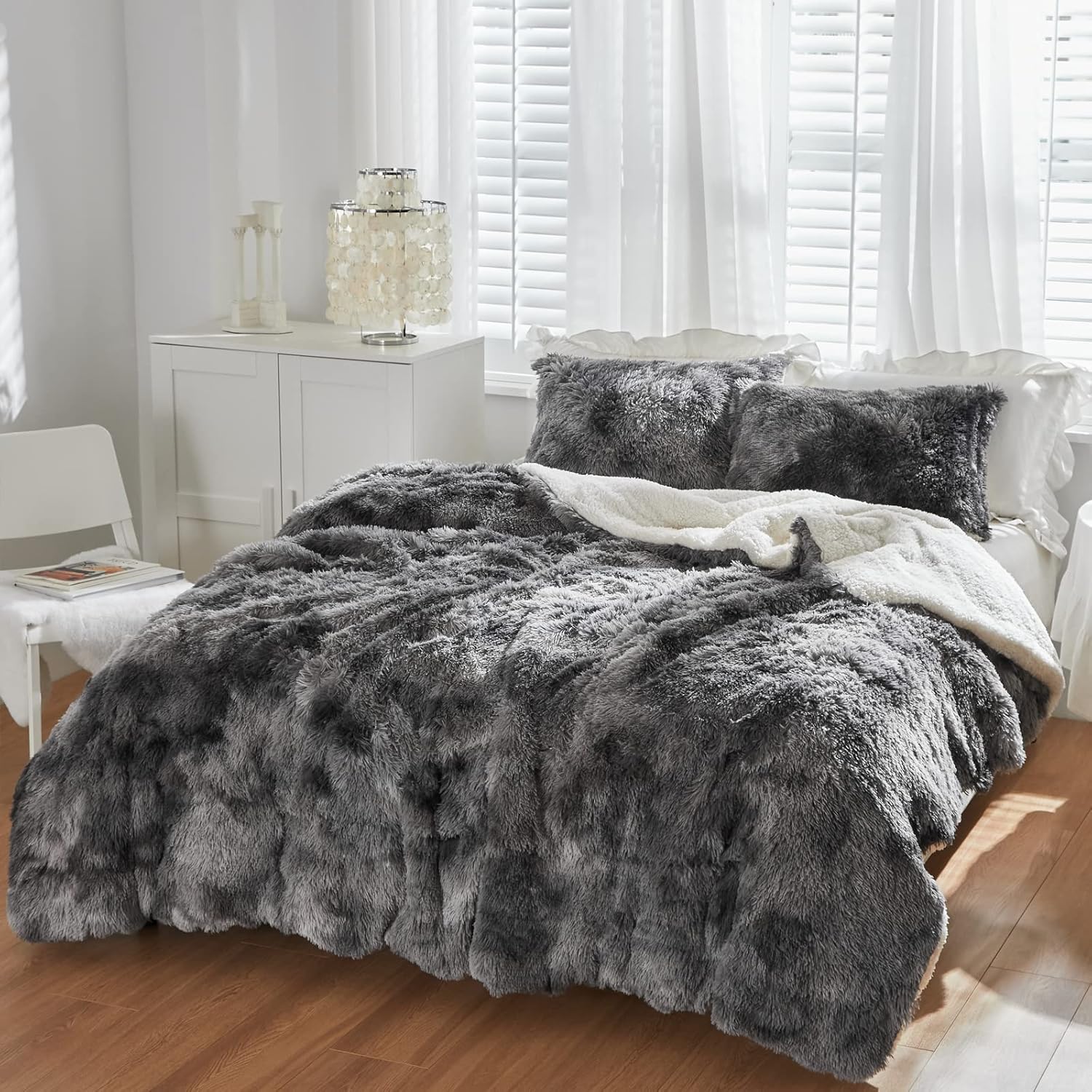 Luxury Faux Fur Shaggy Comforter Set Full/Queen Size, Plush & Sherpa Reversible Comforter Tie Dye Black, 3 Pieces Fluffy Fuzzy Bedding Set Ultra Soft and Warm for Winter (1 Comforter + 2 Pillowcases) - Image 2