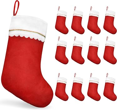 12PCS Christmas Stockings Bulk, Large 19 Inch Traditional Red & White Felt Stockings with White Cuff and Gold Trim, Christmas Stockings Bulk for Fireplace Mantel & Holiday Decorations