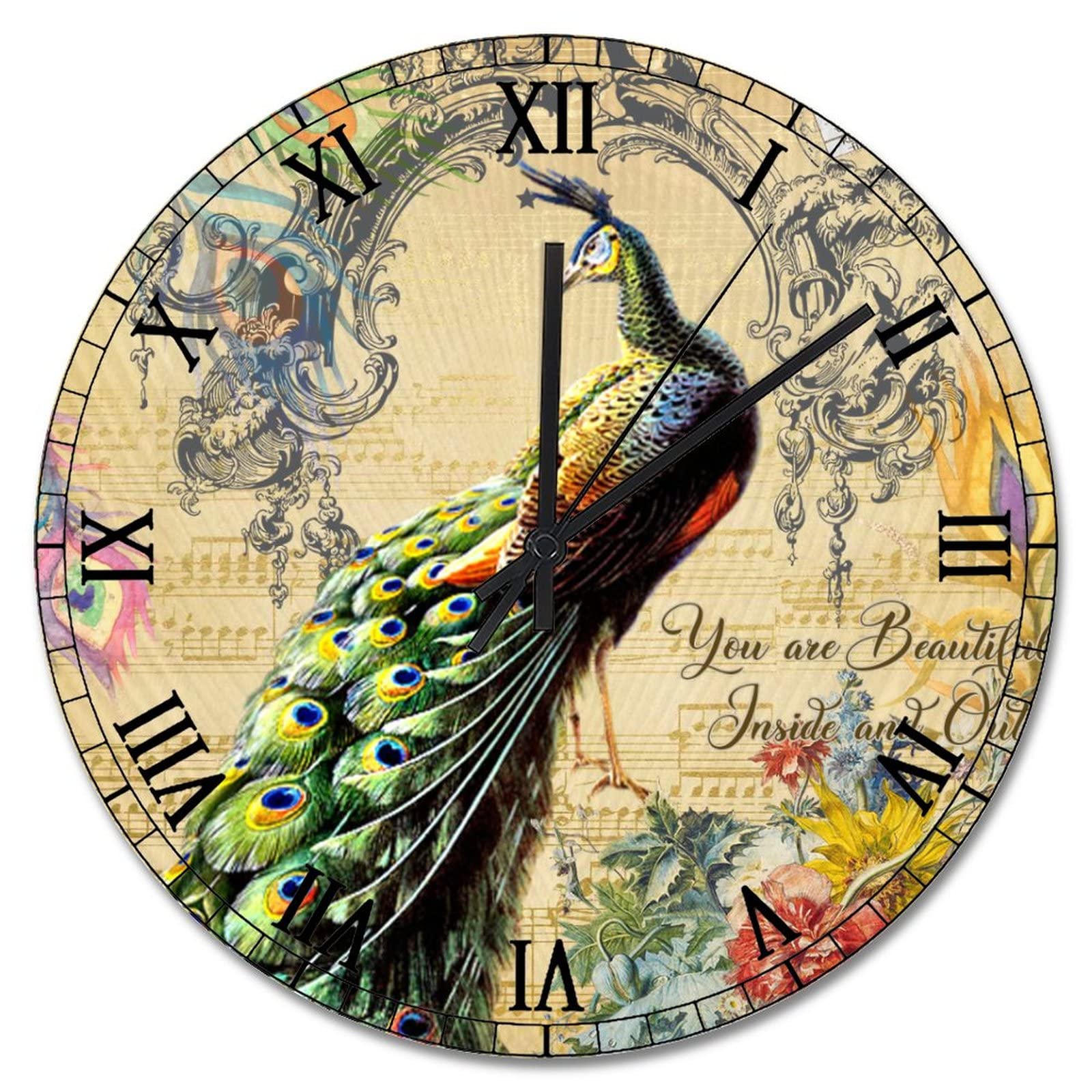 Horloge murale vintage élégante en plumes de paon design salon