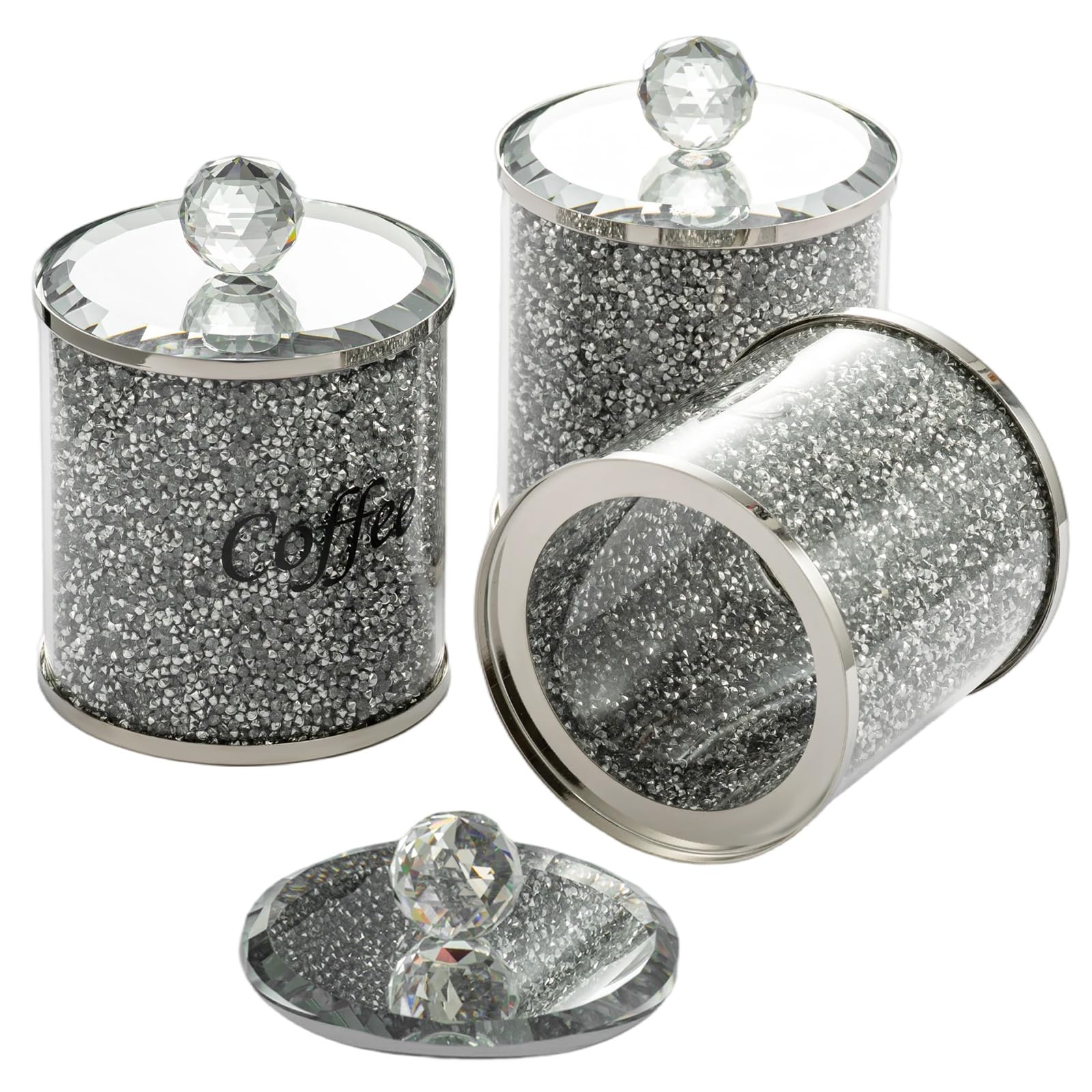 Tea Coffee Sugar Canisters Sugar Canisters Glass Crushed Diamond Reusable Crystal Filled Tea Coffee Set with Lid for Kitchen Home Present (Sliver) โ image 1